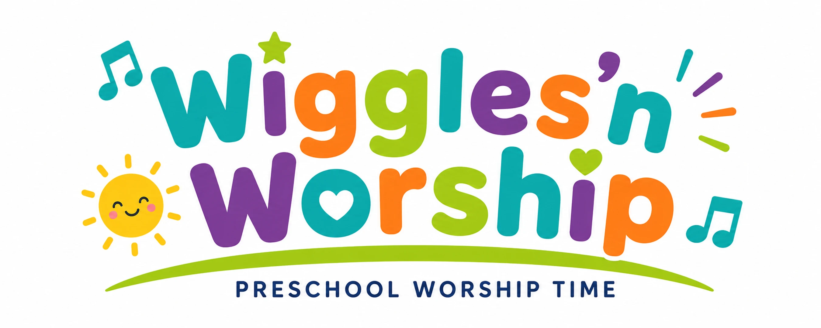 The Wiggles'n' Worship logo in colorful, playful letters with a smiling sun, star, hearts, and musical notes. Below reads 'Preschool Worship Time'.