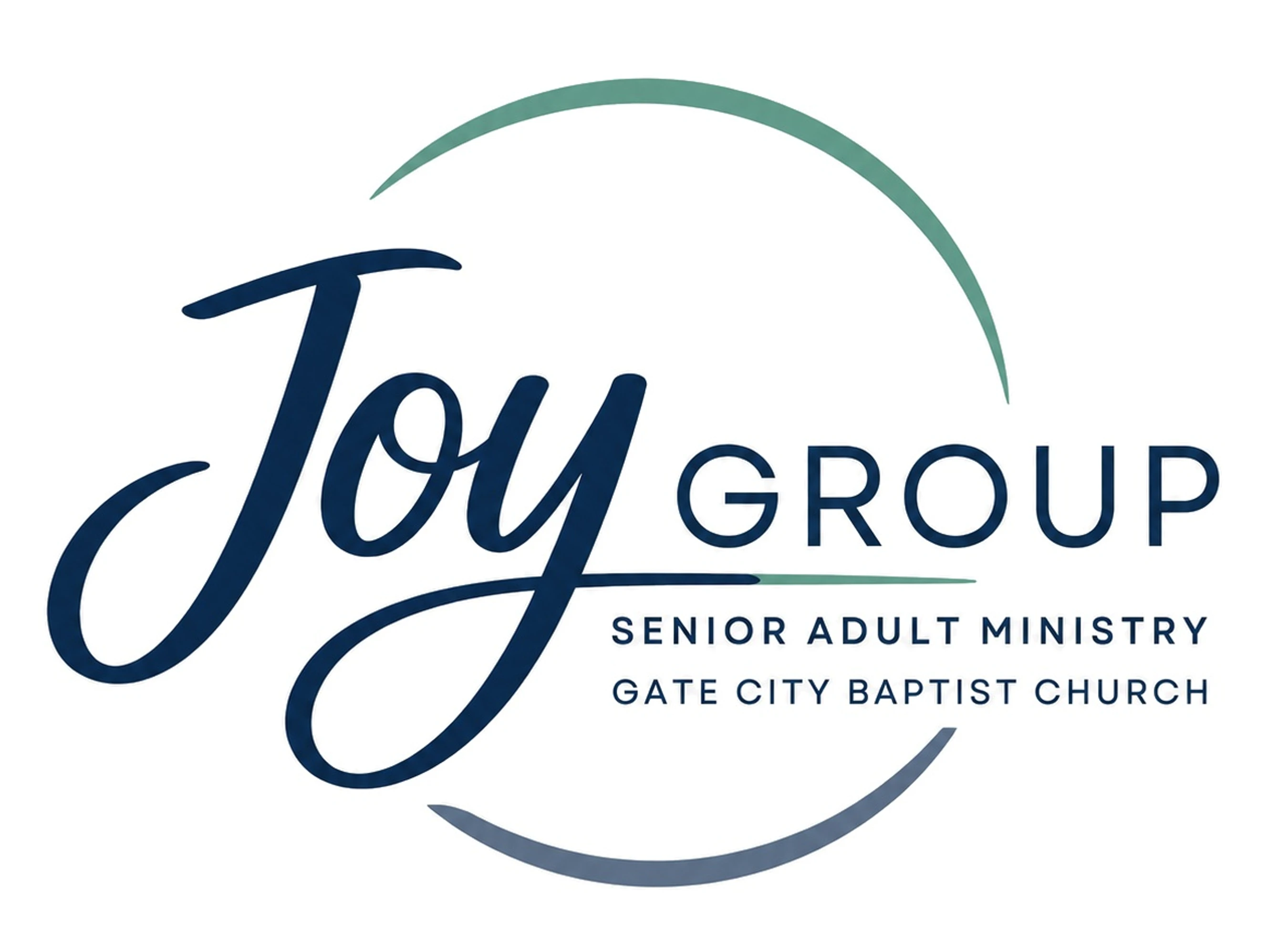 Logo for Joy Group, a senior adult ministry at Gate City Baptist Church. The word 'Joy' is in blue script, circled by green and blue arches.