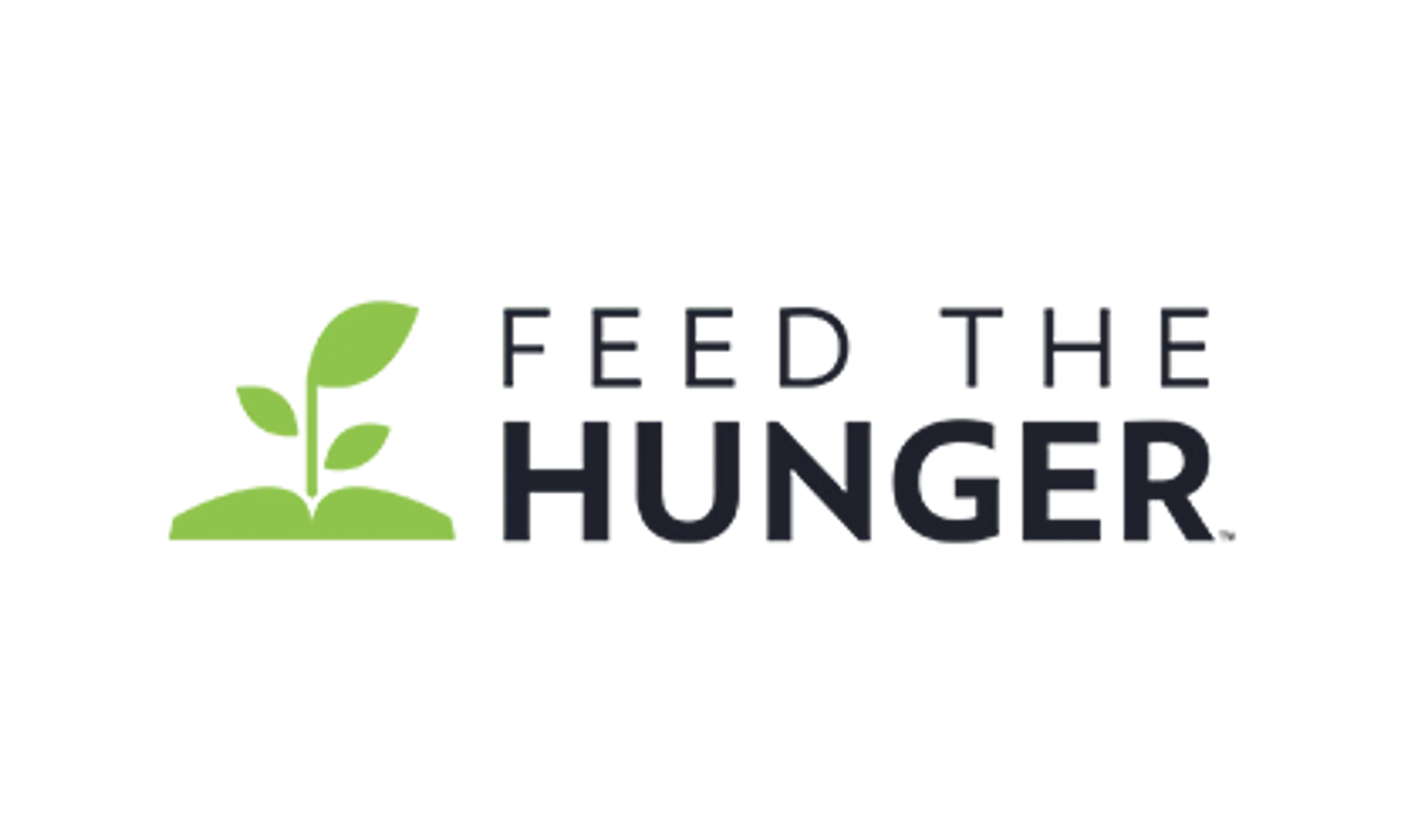 The logo for the Feed The Hunger organization, showing a green sprout growing from the ground next to the name in dark grey text on a white background.