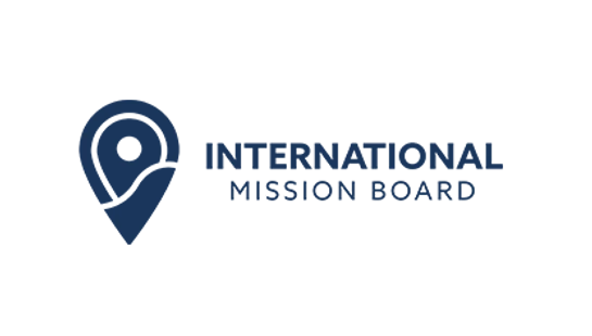 The International Mission Board logo features a dark blue map pin icon next to the words 'International Mission Board' in all caps on a white background.