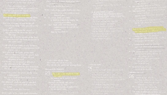 An artistic collage of overlapping verses from the Book of Psalms printed in white on a textured, off-white background. Some verses are highlighted in yellow.