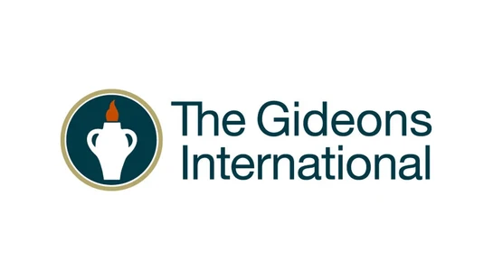 The logo for The Gideons International, featuring a circular emblem with a white pitcher and flame next to the organization's name in dark teal text.
