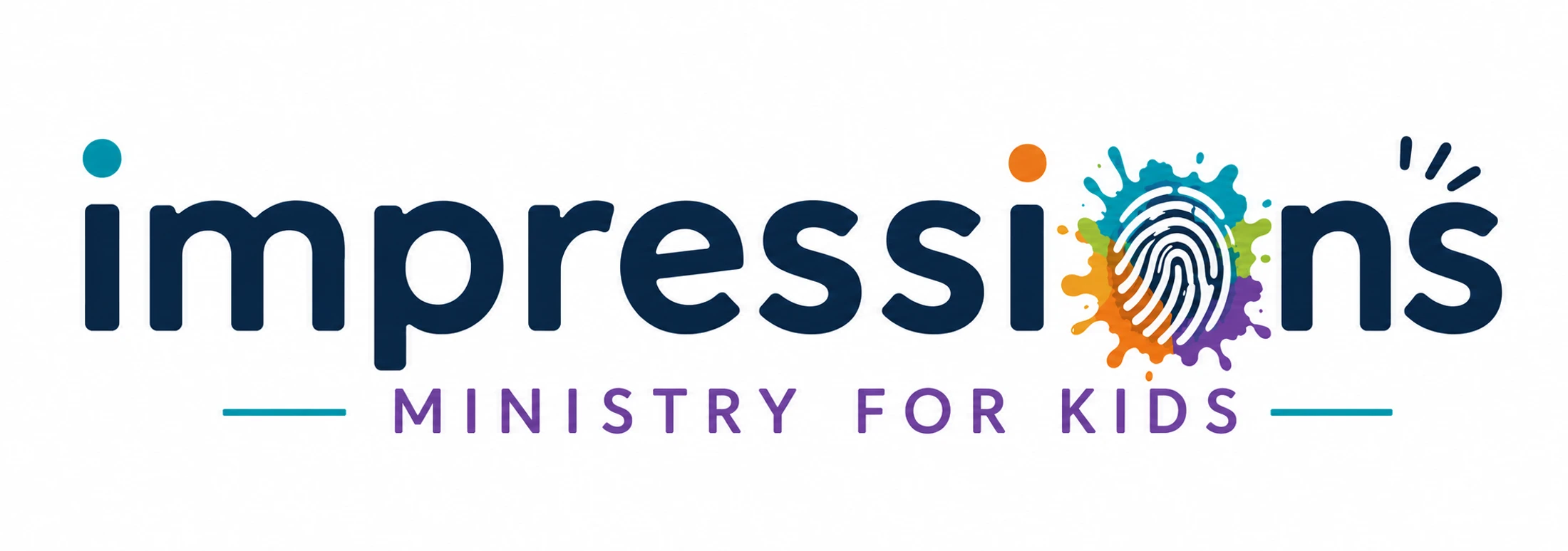 The logo for 'impressions Ministry for Kids'. The letter 'o' is a colorful fingerprint on a paint splat. The text is dark blue, purple, and teal.
