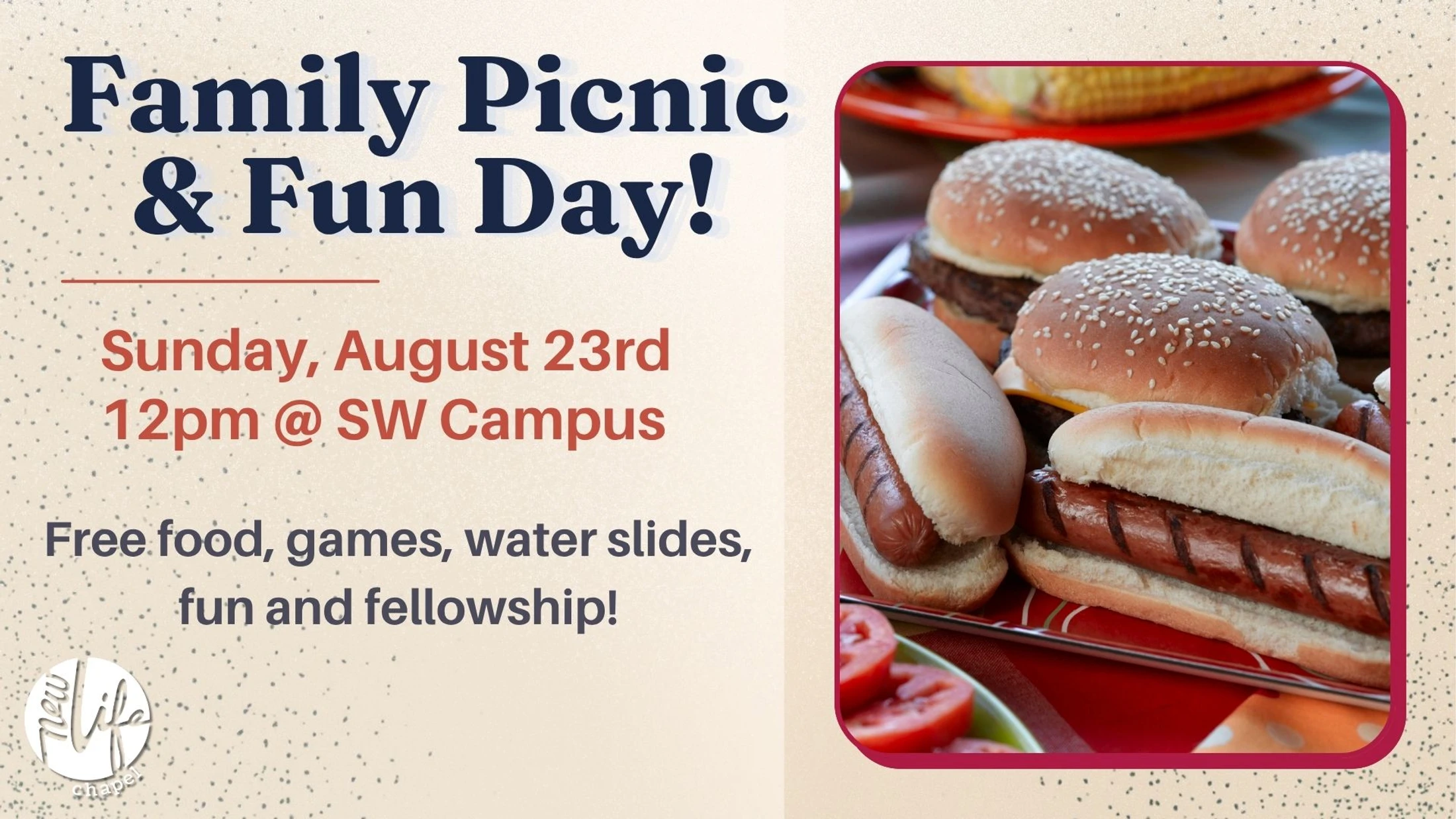 An announcement for a Family Picnic & Fun Day, with event details next to a close-up photo of hamburgers and hot dogs on a platter.