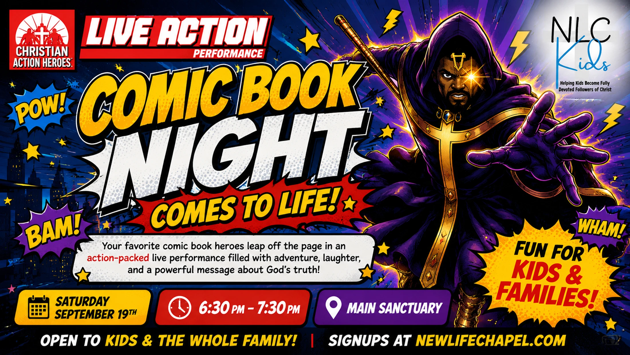 A promotional flyer for a "Comic Book Night" event. It features a superhero illustration, event details, and comic book style text and graphics.