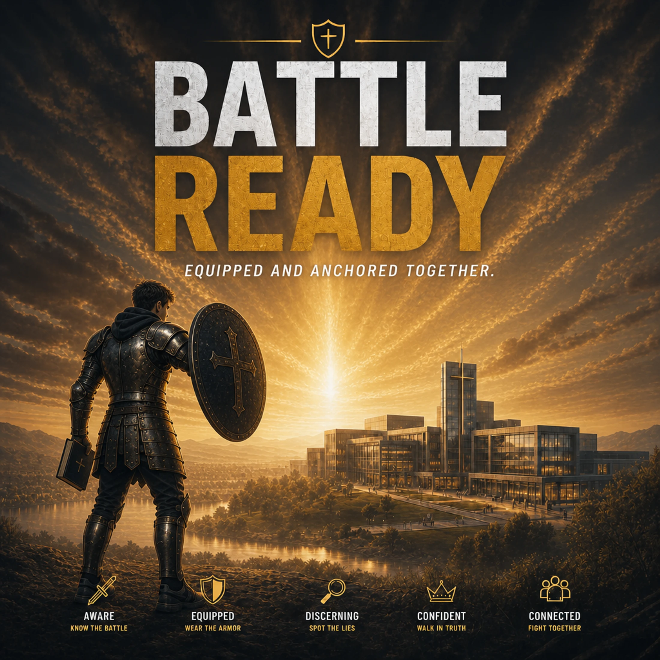 A warrior in armor holding a cross shield and a book looks out over a modern city at sunrise. Text reads 'Battle Ready: Equipped and Anchored Together.'