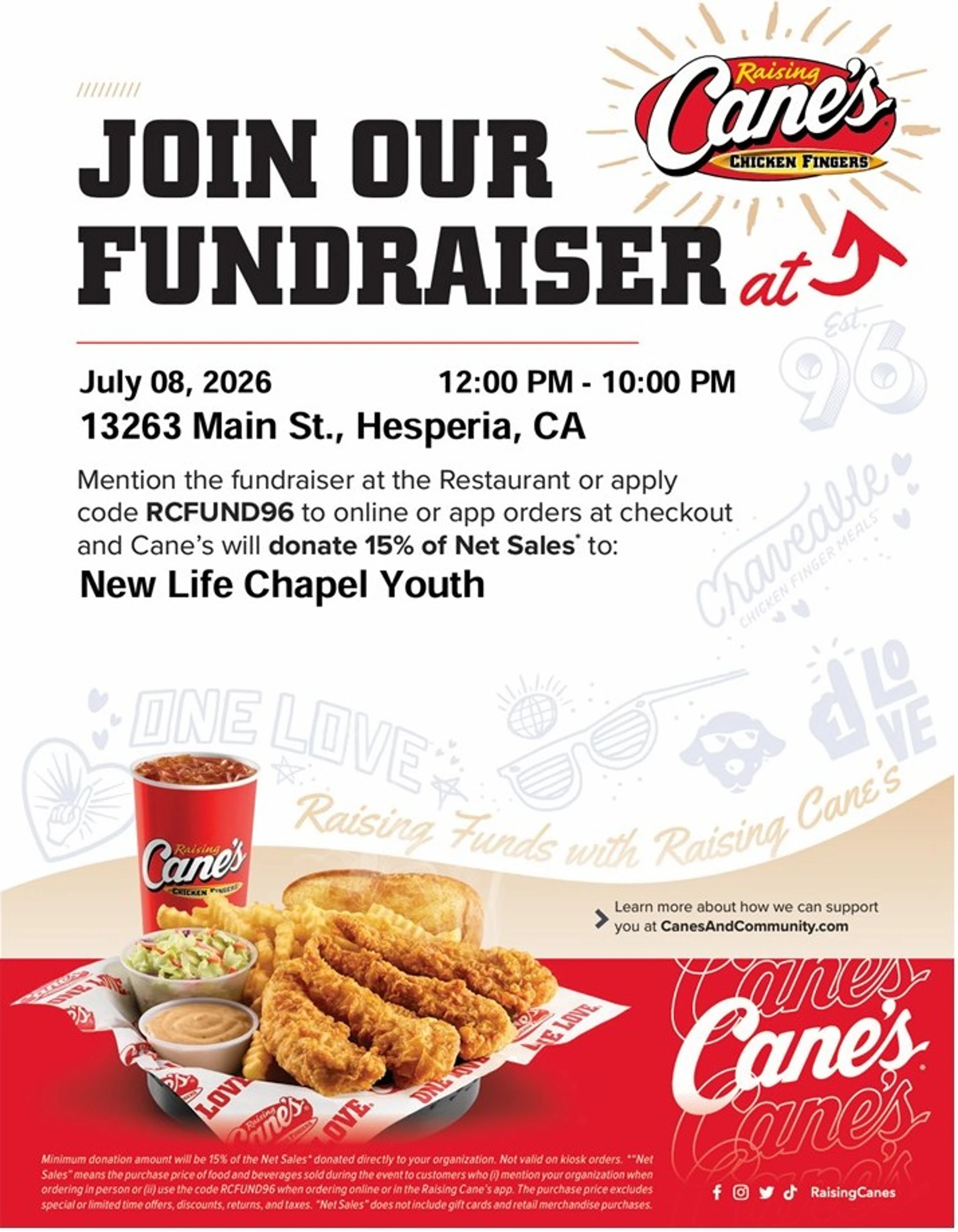 Flyer for a Raising Cane's fundraiser on July 8, 2026, in Hesperia, CA, supporting New Life Chapel Youth. An image of a chicken finger meal is shown.