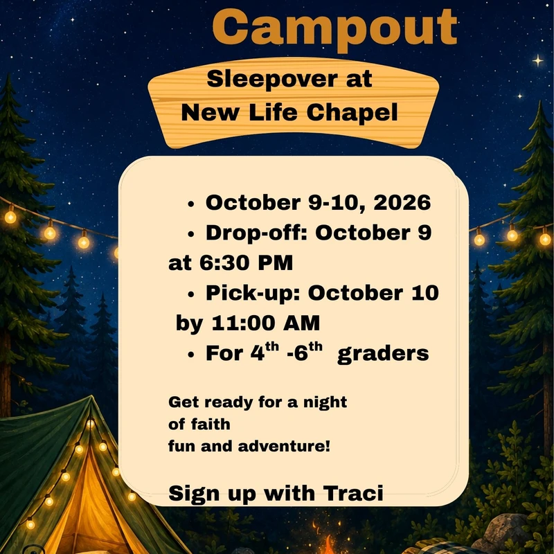 An illustrated flyer for a Warriors Campout Sleepover. It shows a campsite at night with a tent, campfire, and starry sky, with event details listed.
