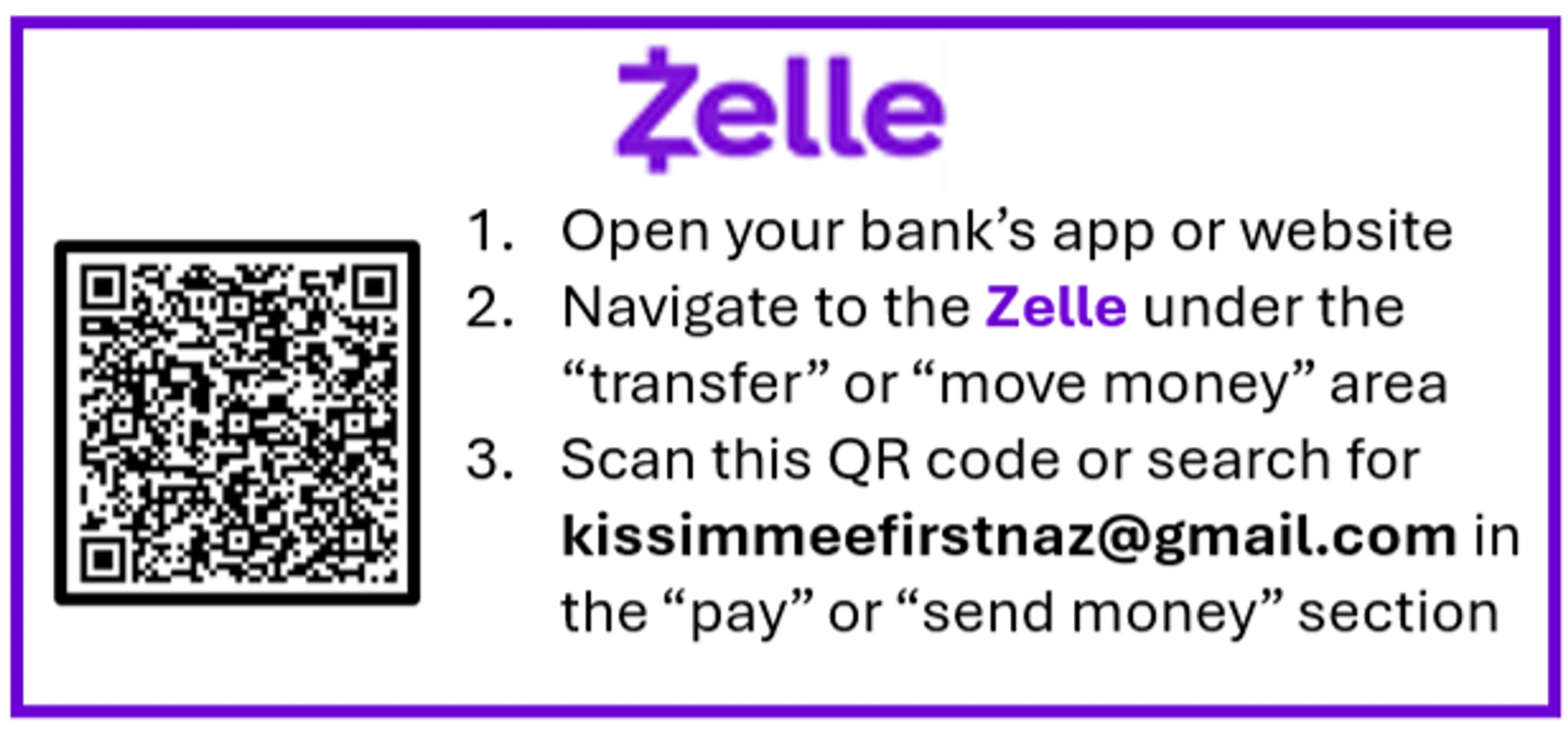 Giving through Zelle has NO FEES for the donor or the church!
