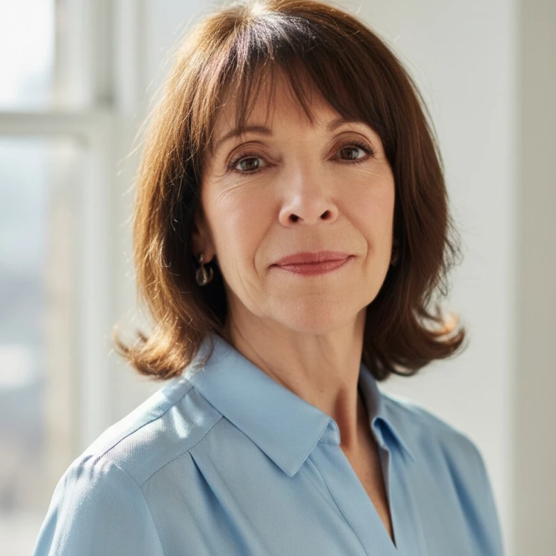 A headshot of a middle-aged woman with shoulder-length brown hair and brown eyes. She wears a light blue collared blouse and looks directly at the camera.