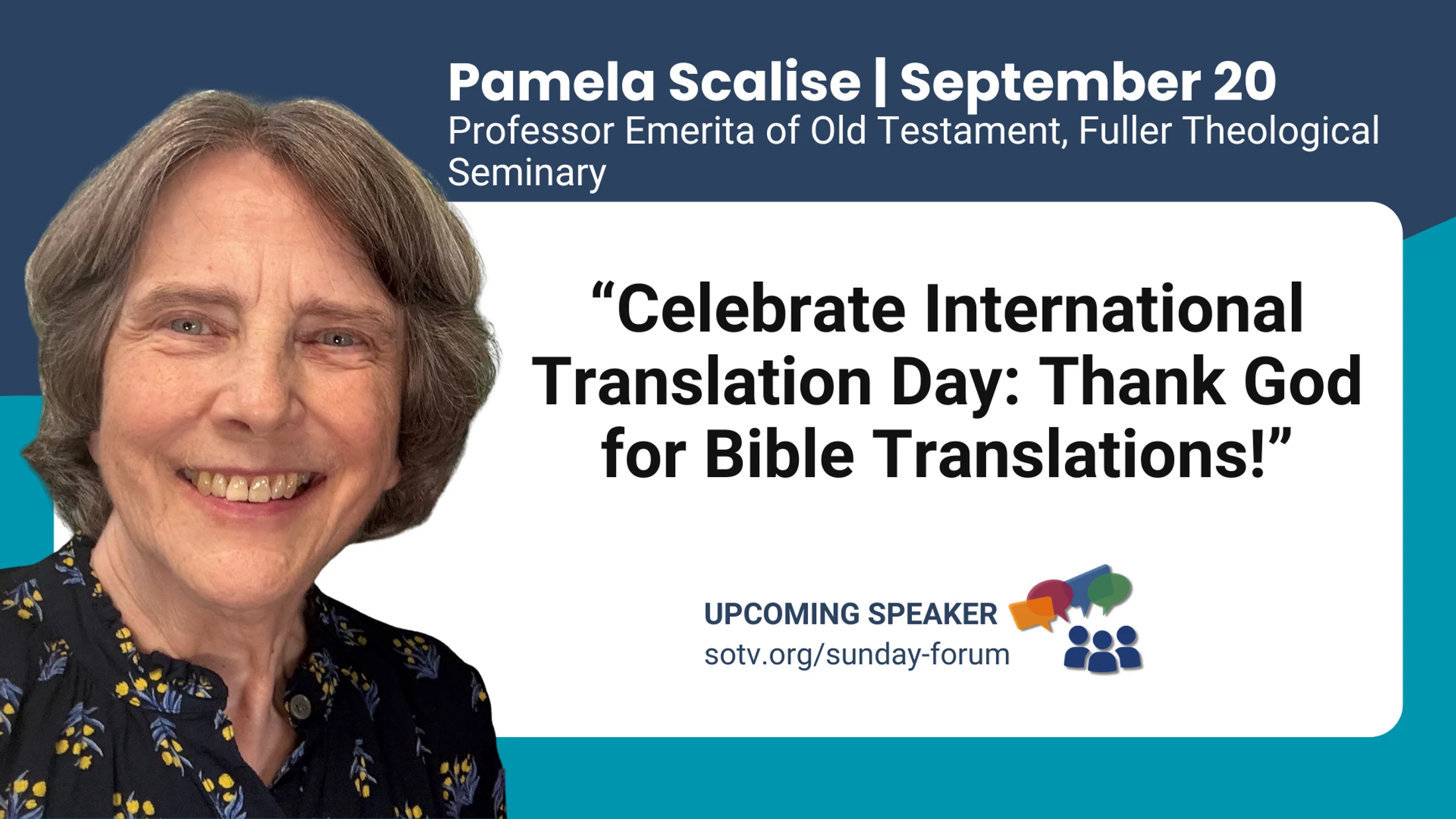 A promotional graphic for speaker Pamela Scalise on Sept 20. The topic is "Celebrate International Translation Day: Thank God for Bible Translations!"