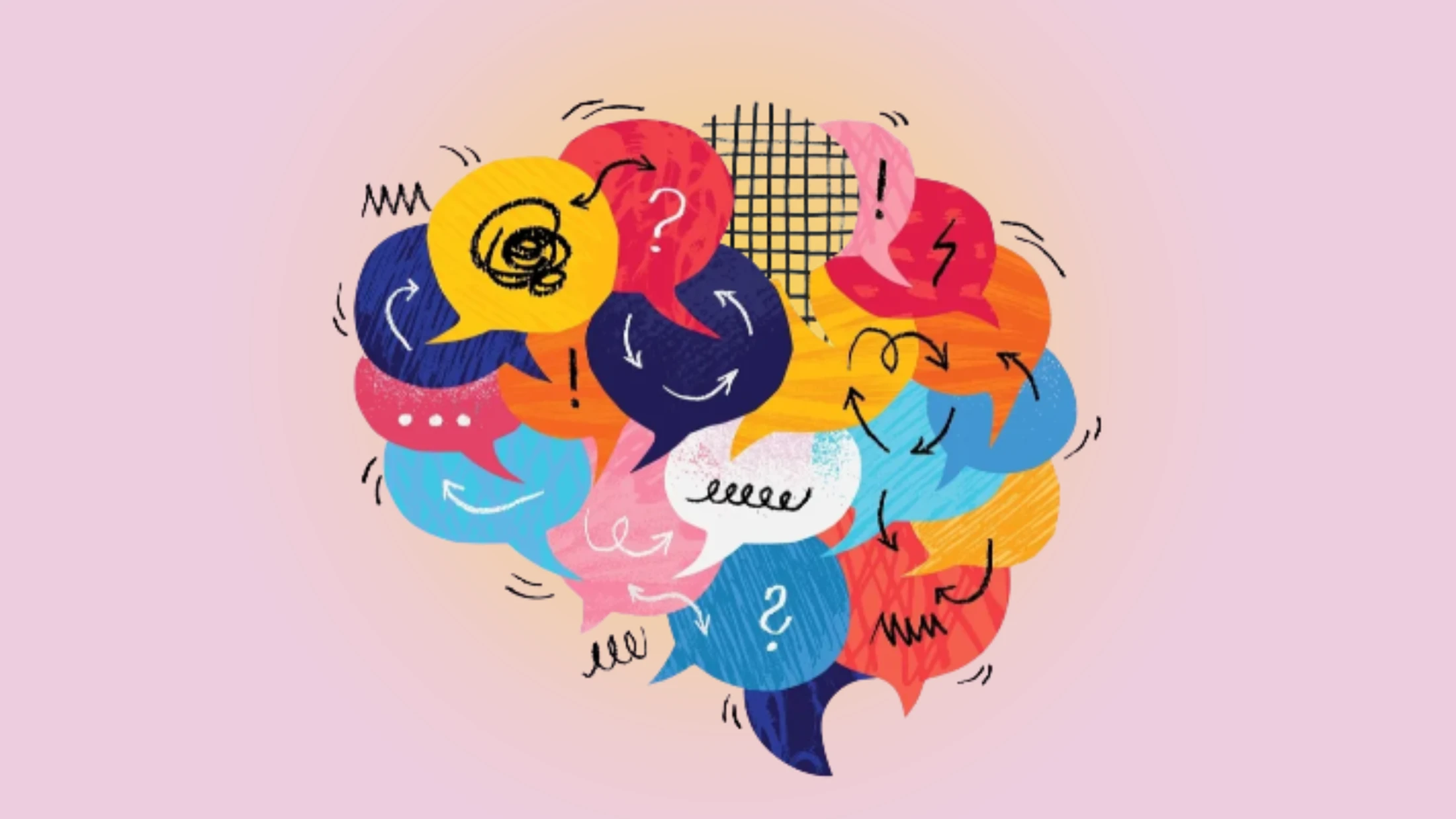 An illustration of a brain made of colorful speech bubbles filled with symbols like question marks, arrows, and scribbles, representing chaotic thoughts.