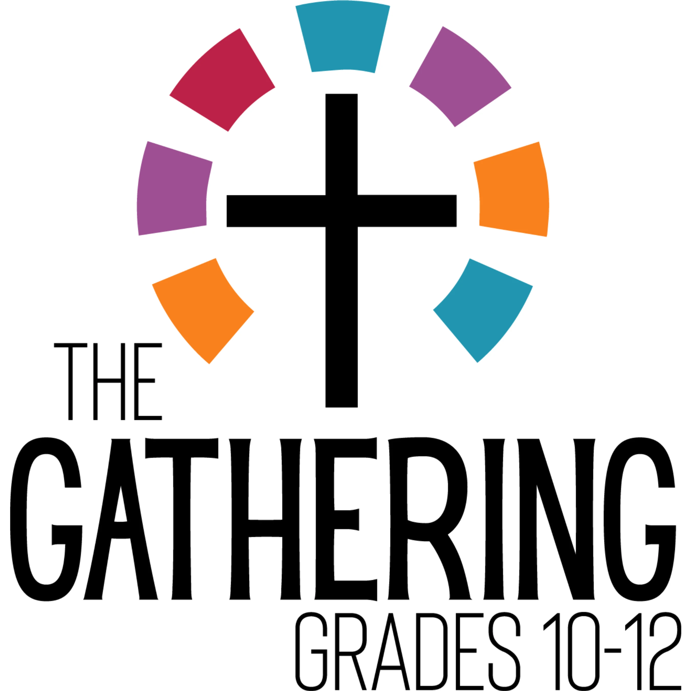 Logo for a high school group called The Gathering, featuring a black cross at the center of a circle made of colorful blocks.