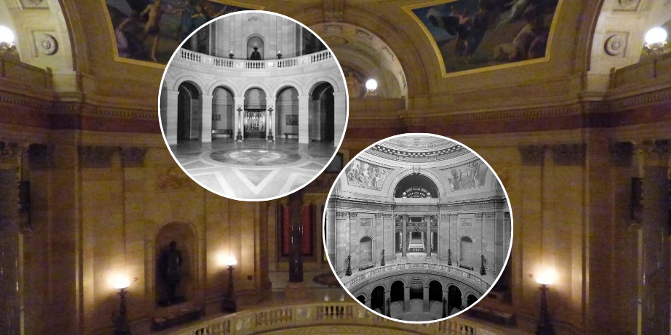 A composite image with a color photo of the Capitol rotunda as a background for two circular, black-and-white historical photos of the same space.