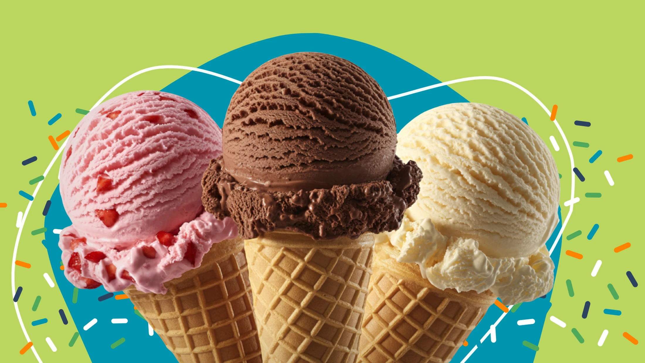Three ice cream cones with strawberry, chocolate, and vanilla scoops against a colorful green and blue background with sprinkles.