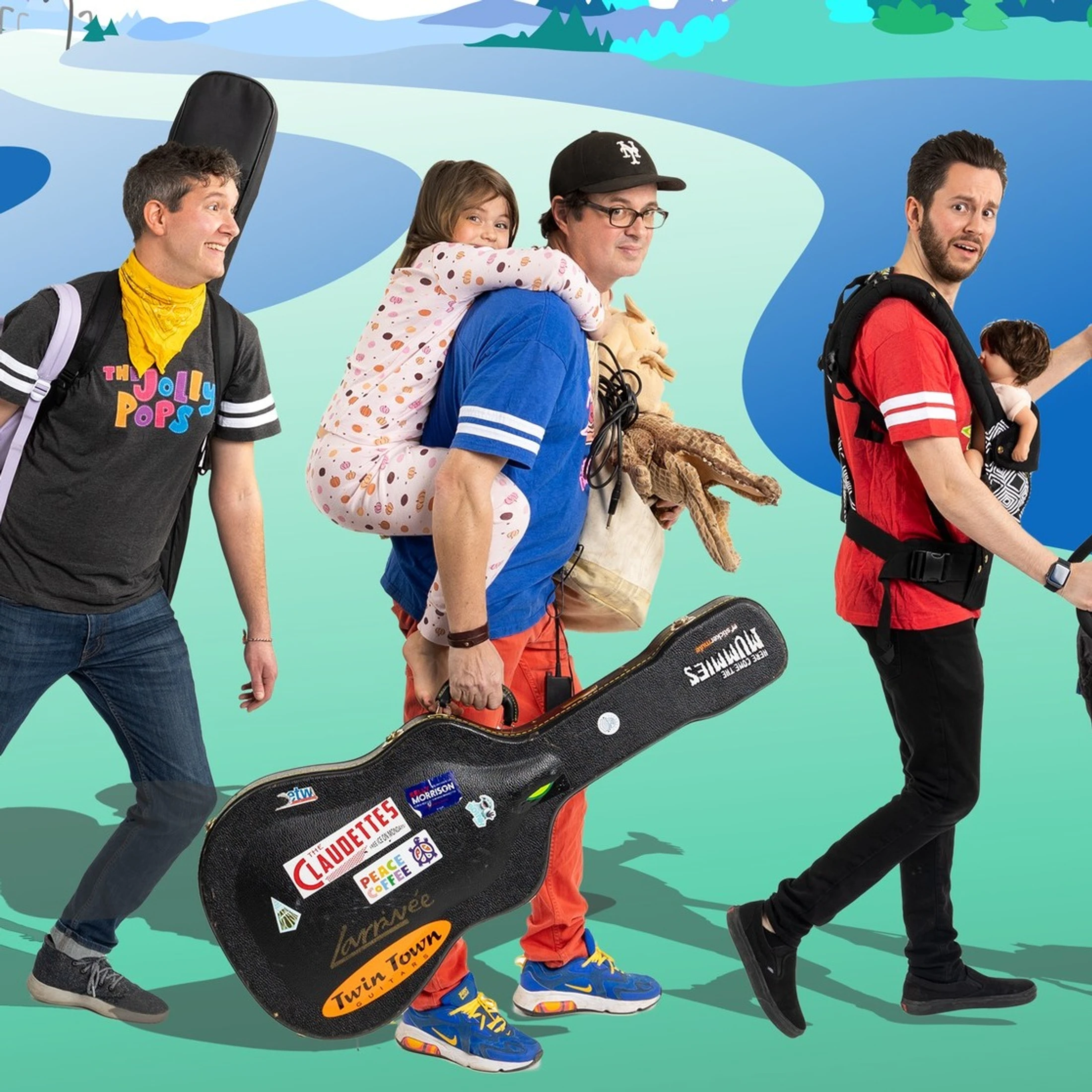 Three men walk in a line against a cartoon landscape. They carry guitars, a girl on piggyback, puppets, and a baby doll in a carrier.