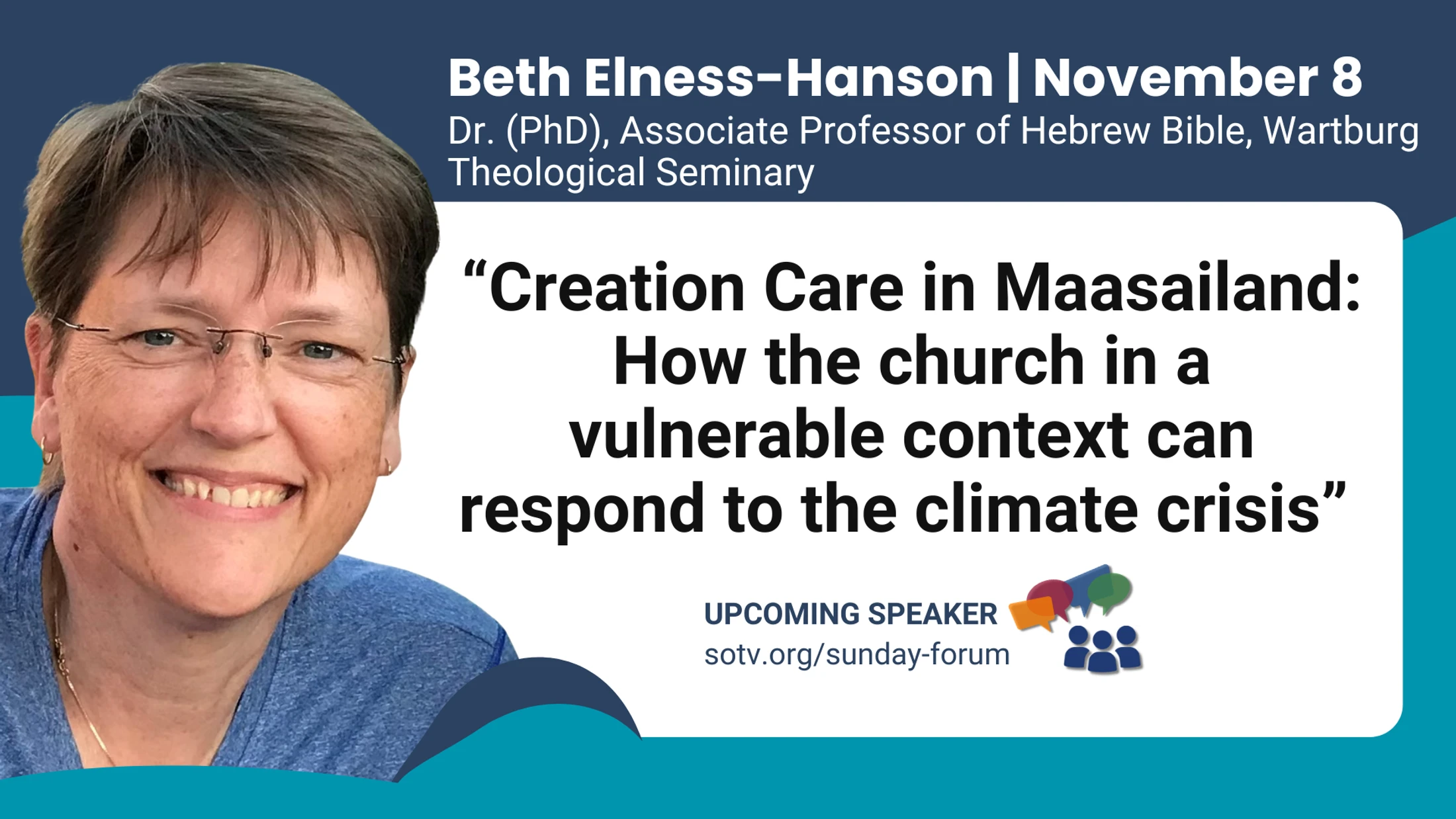 A promotional graphic for a talk by Beth Elness-Hanson on November 8, titled "Creation Care in Maasiland: How the church can respond to the climate crisis."