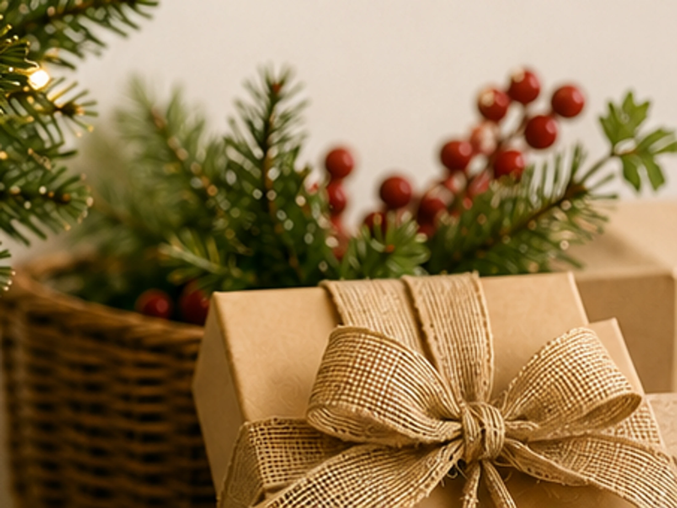 A close-up of a gift wrapped in brown paper with a burlap bow. In the background are pine branches with red berries and twinkling Christmas lights.