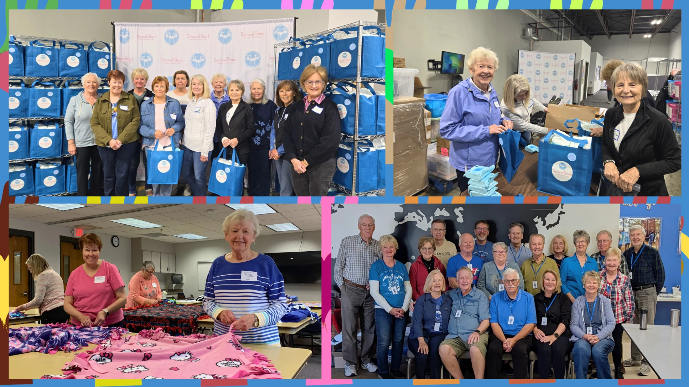 A photo collage showing groups of volunteers packing bags for charity, making fleece blankets, and posing for group pictures in various settings.