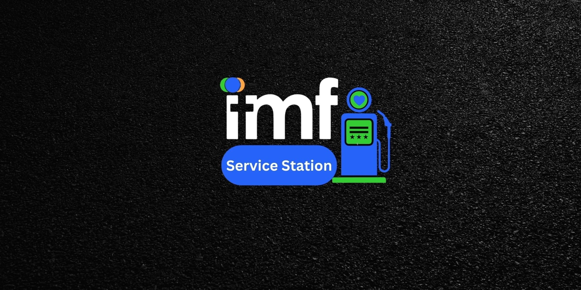 The logo for 'imf Service Station' with a stylized blue and green gas pump, set against a dark, textured asphalt background.