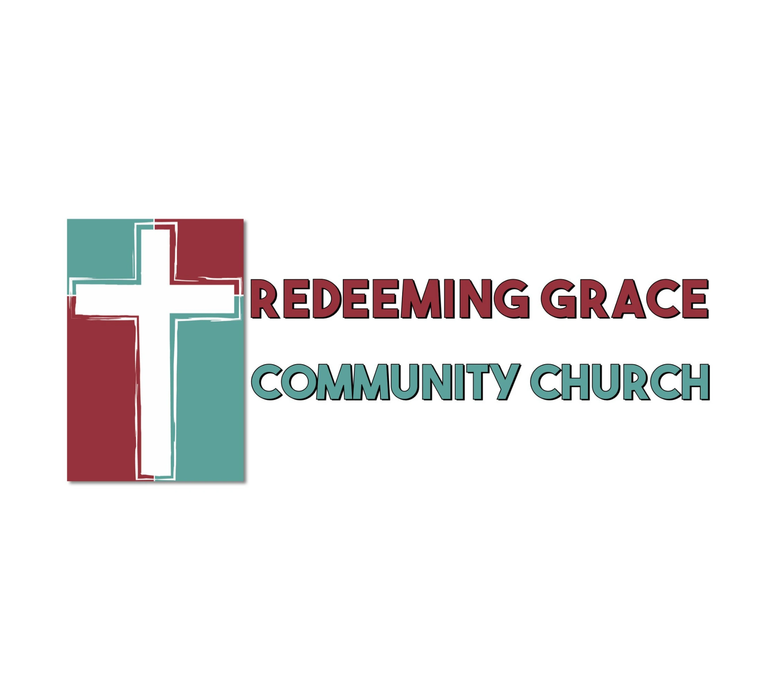 A logo for Redeeming Grace Community Church featuring a white cross on a red and teal background. The church's name is written to the right in matching colors.