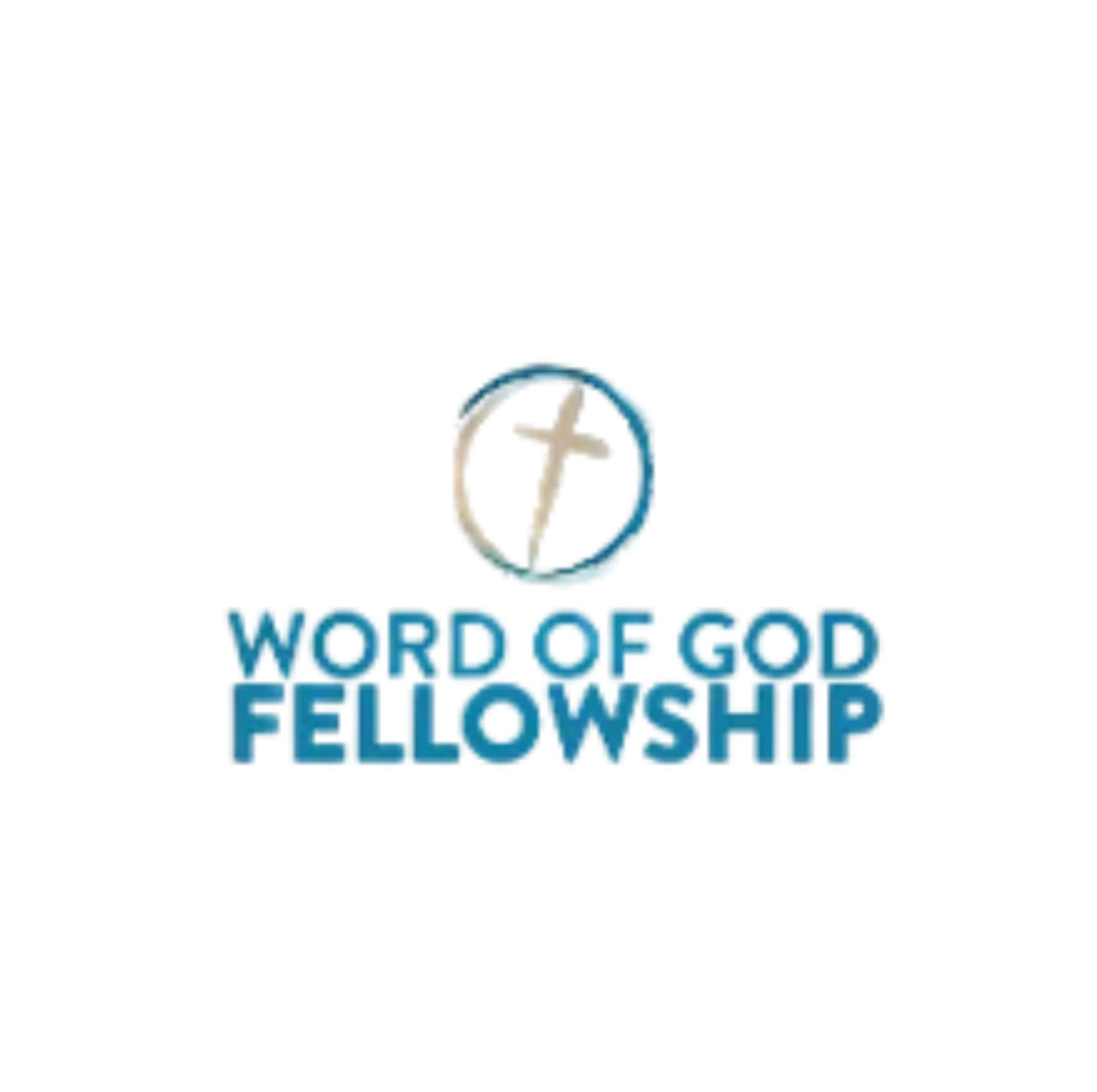 The logo for Word of God Fellowship, featuring a tan cross inside a blue and tan circular swirl, set above the name of the church in blue text.