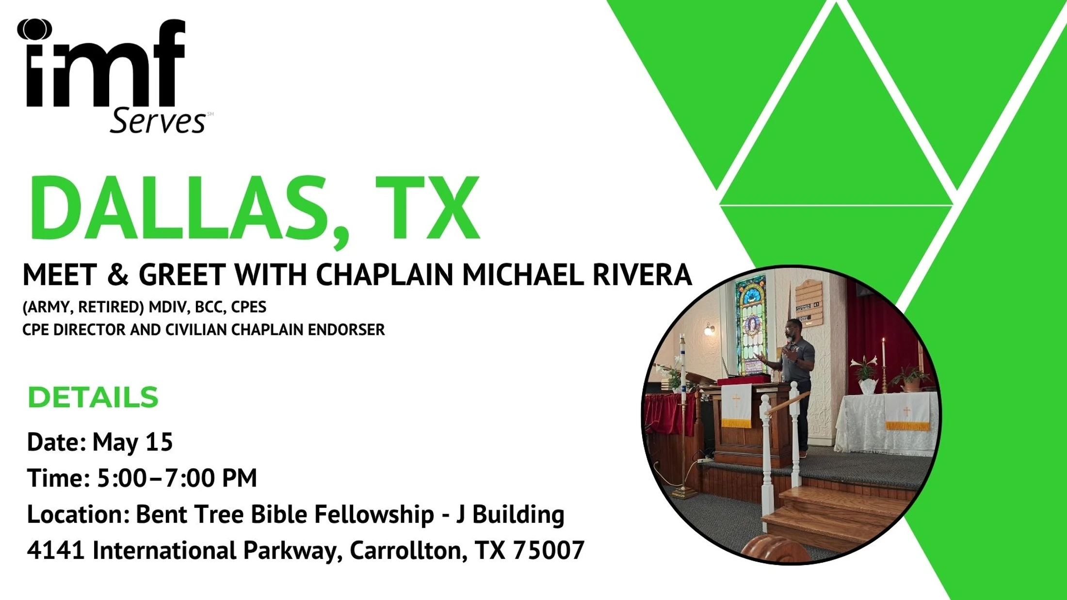 Promotional graphic for a meet and greet with Chaplain Michael Rivera in Dallas, TX on May 15. Includes event details and a photo of him speaking at a church.