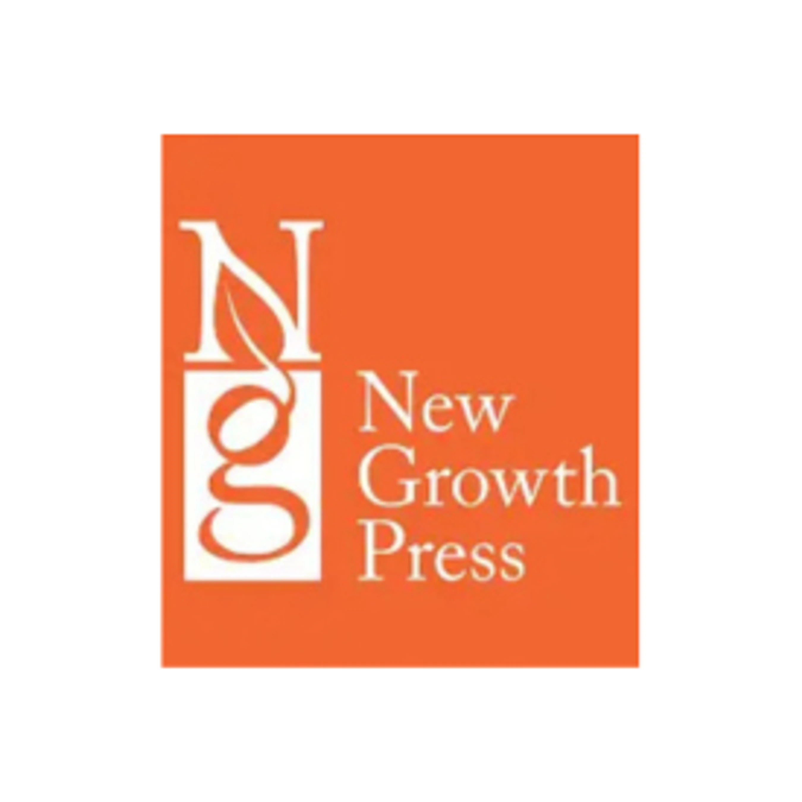 The logo for New Growth Press, showing the letters N and G with a leaf inside a white box next to the text, all on a bright orange square background.