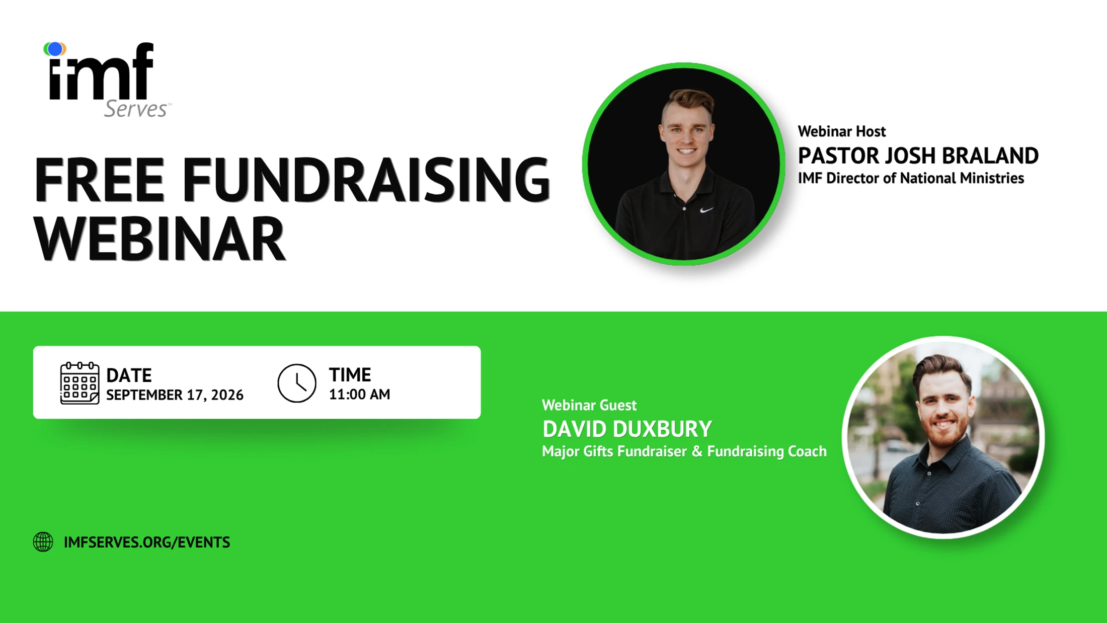 An announcement for a free fundraising webinar by IMF Serves on September 17, 2026. The host is Pastor Josh Braland with special guest David Duxbury.