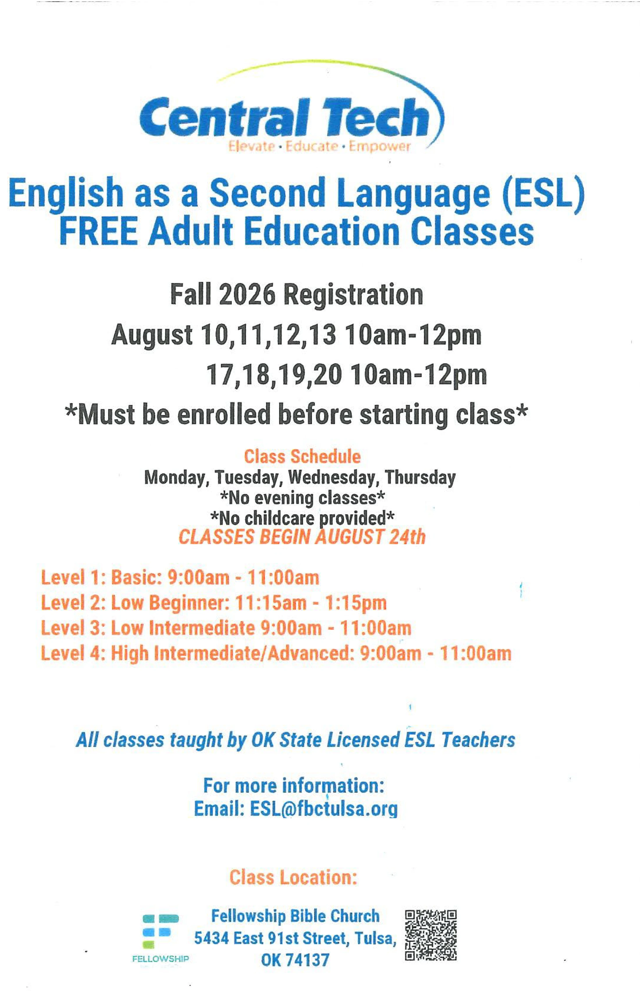 A flyer for Central Tech's free adult English as a Second Language (ESL) classes for Fall 2026, showing registration dates, class schedule, and location.