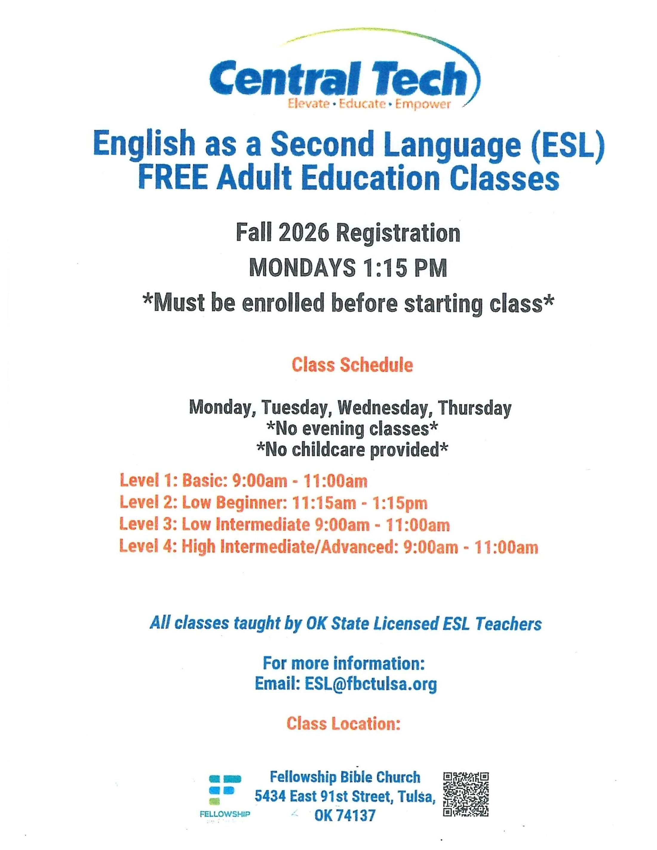 Flyer for Central Tech's free adult English as a Second Language (ESL) classes for Fall 2026, detailing registration, class schedule, levels, and location.