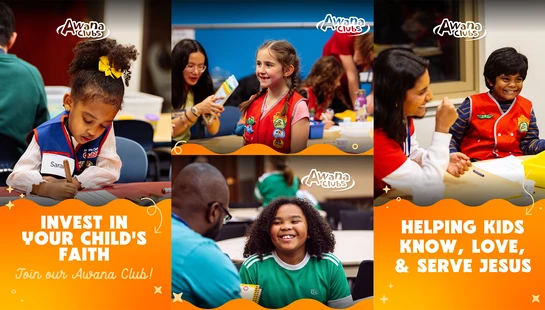 A collage of diverse children smiling and participating in activities at Awana Clubs. Text reads: Invest in your child's faith and know, love, & serve Jesus.