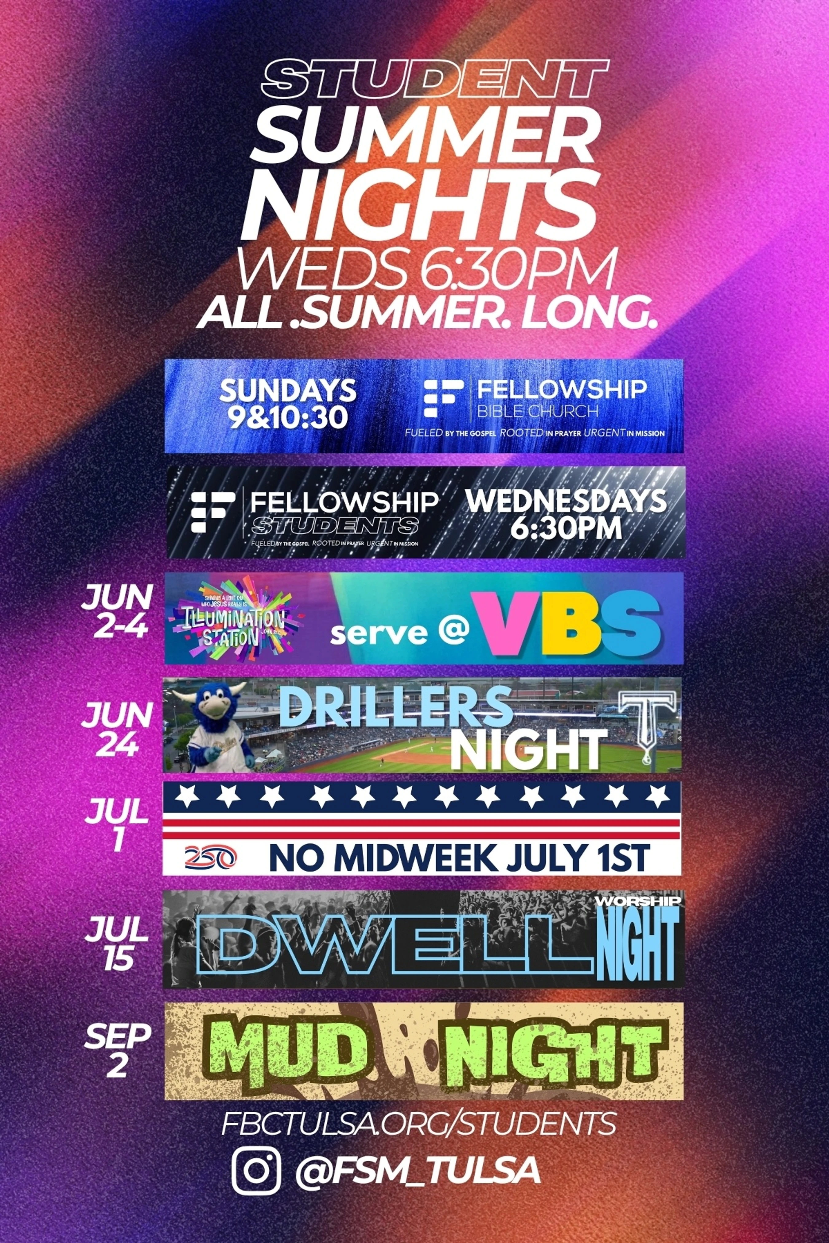 Promotional flyer for Student Summer Nights on a purple and pink background, listing dates and details for events like VBS, Drillers Night, and Mud Night.