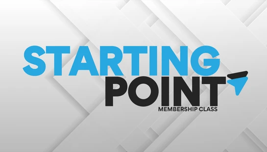 Graphic with 'Starting Point Membership Class' in blue and black text over a modern, white and gray abstract geometric background.