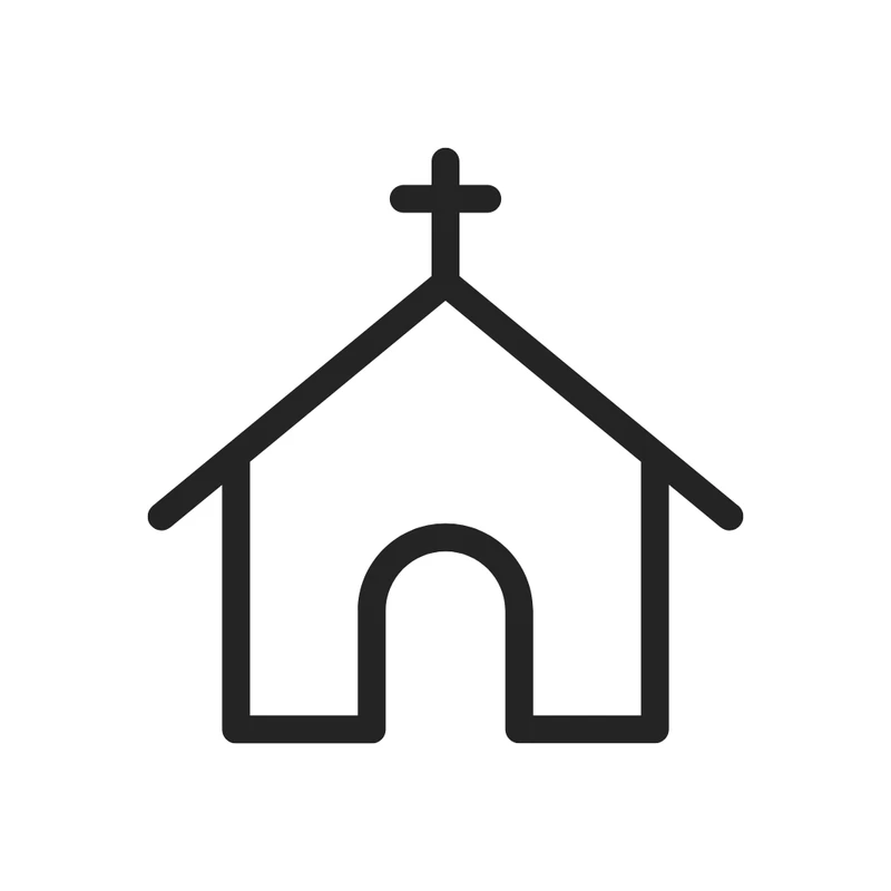 A minimalist black outline icon of a church with a pitched roof, a cross on top, and a rounded archway for an entrance, on a plain white background.