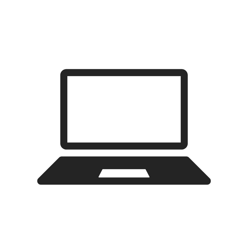 A minimalist black icon of an open laptop with a blank screen and a trackpad on a plain white background.