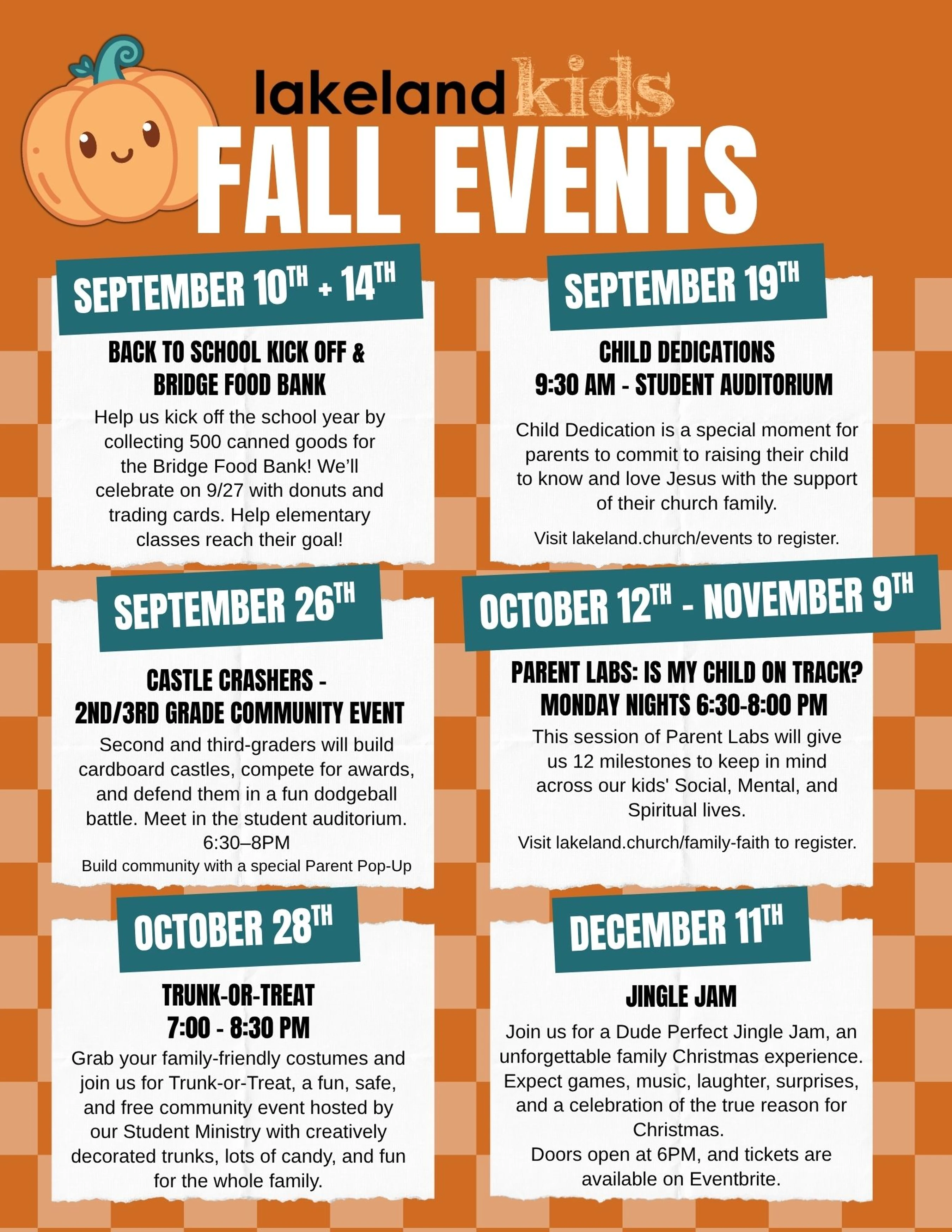 An orange flyer for Lakeland Kids Fall Events listing activities from September through December, including a food drive, trunk-or-treat, and Jingle Jam.