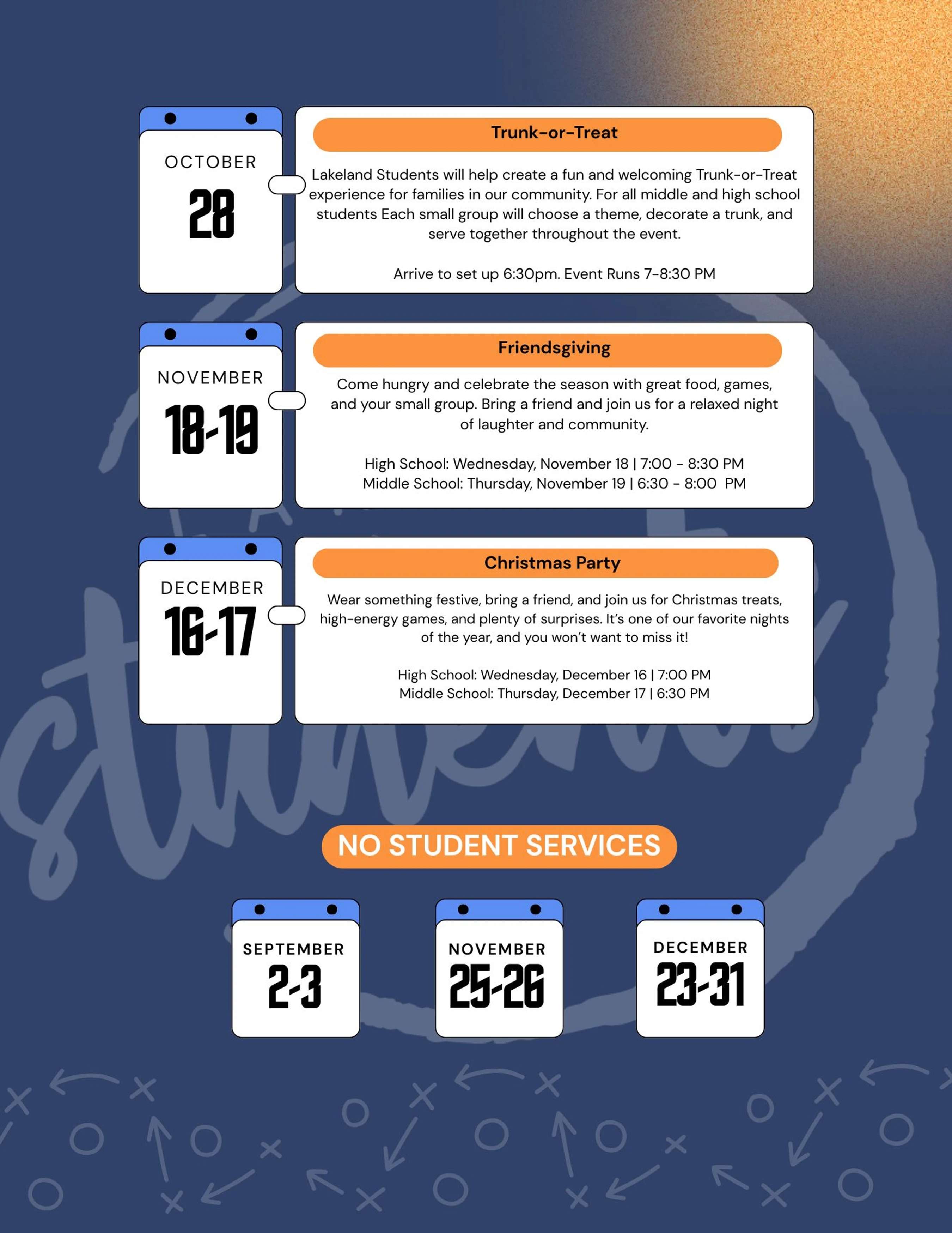 A schedule of student ministry events: Trunk-or-Treat in October, Friendsgiving in November, and a Christmas Party in December, with dates and times listed.