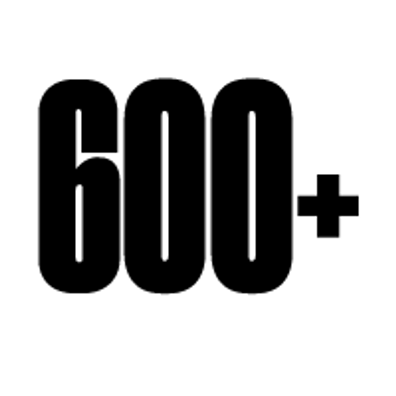 The number 600 followed by a plus sign, rendered in a thick, black, stylized font on a white background.