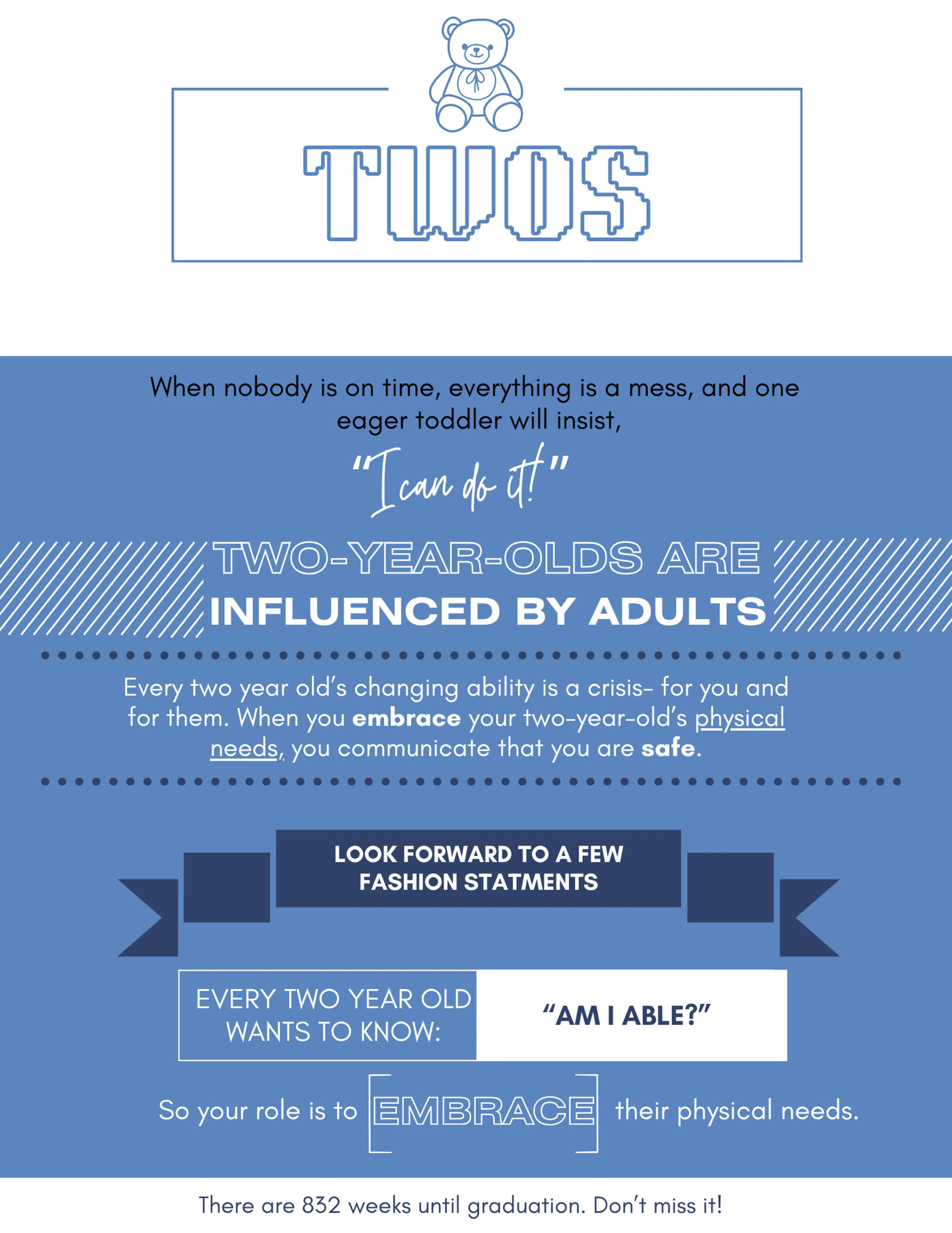A blue and white infographic about parenting two-year-olds, highlighting their desire for independence and the need for adults to embrace their physical needs.