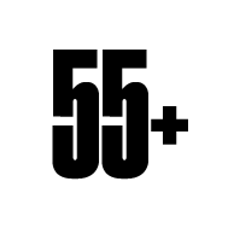 A black icon on a white background showing the number 55 in a bold, blocky font, followed by a plus symbol.