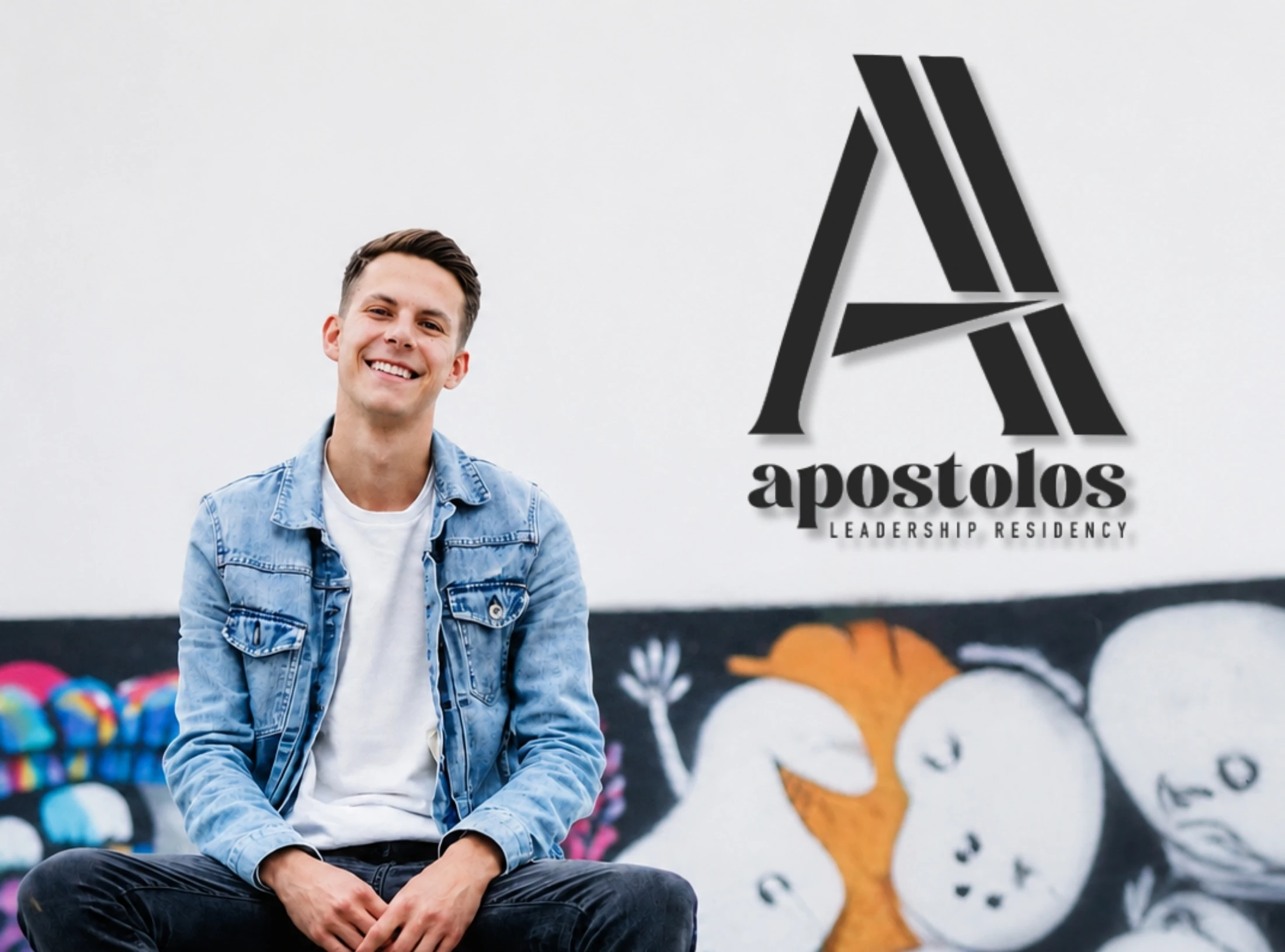 A young man in a denim jacket smiles while sitting in front of a white wall with graffiti and the logo for the Apostolos Leadership Residency.