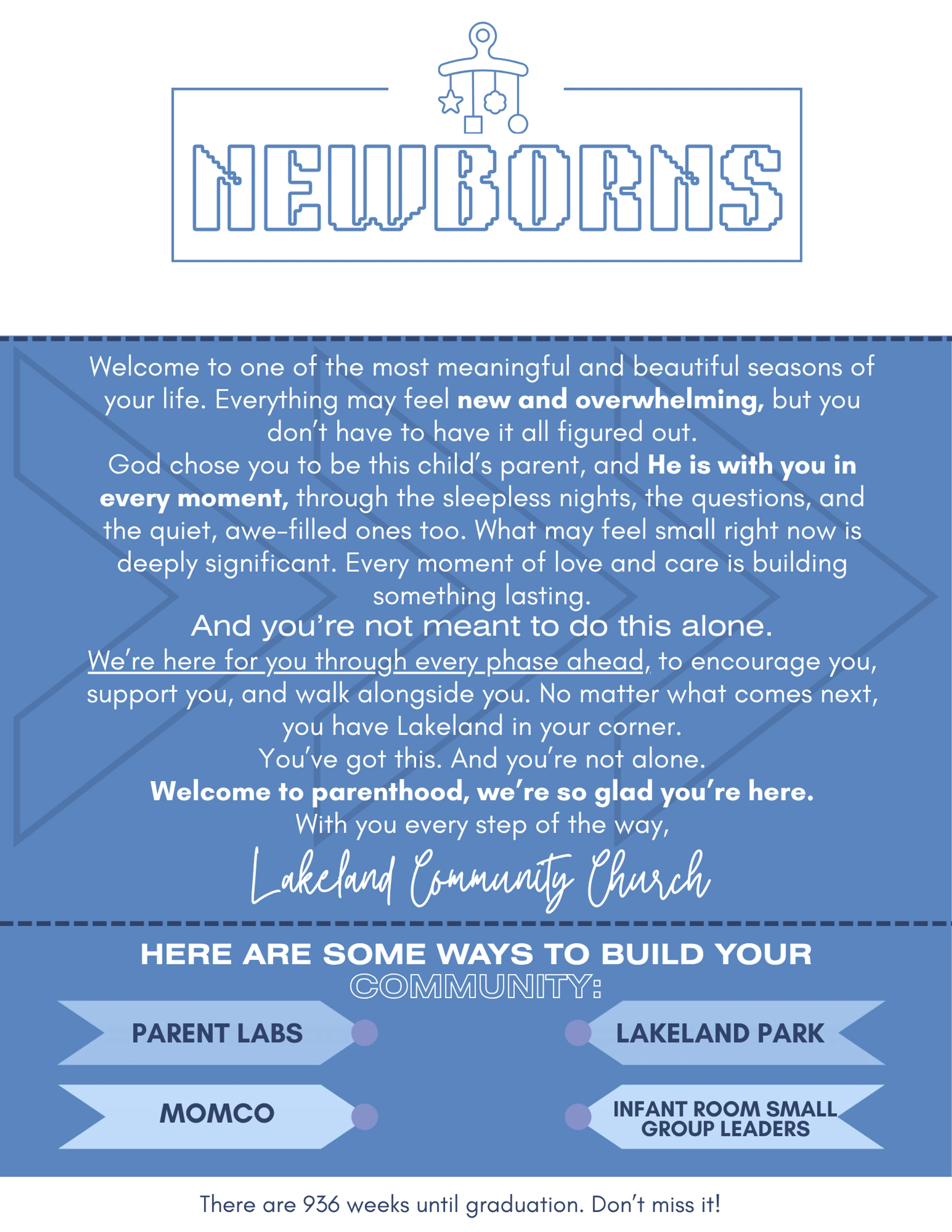 A blue and white flyer for new parents from Lakeland Community Church, offering a message of support and listing ways to build community.