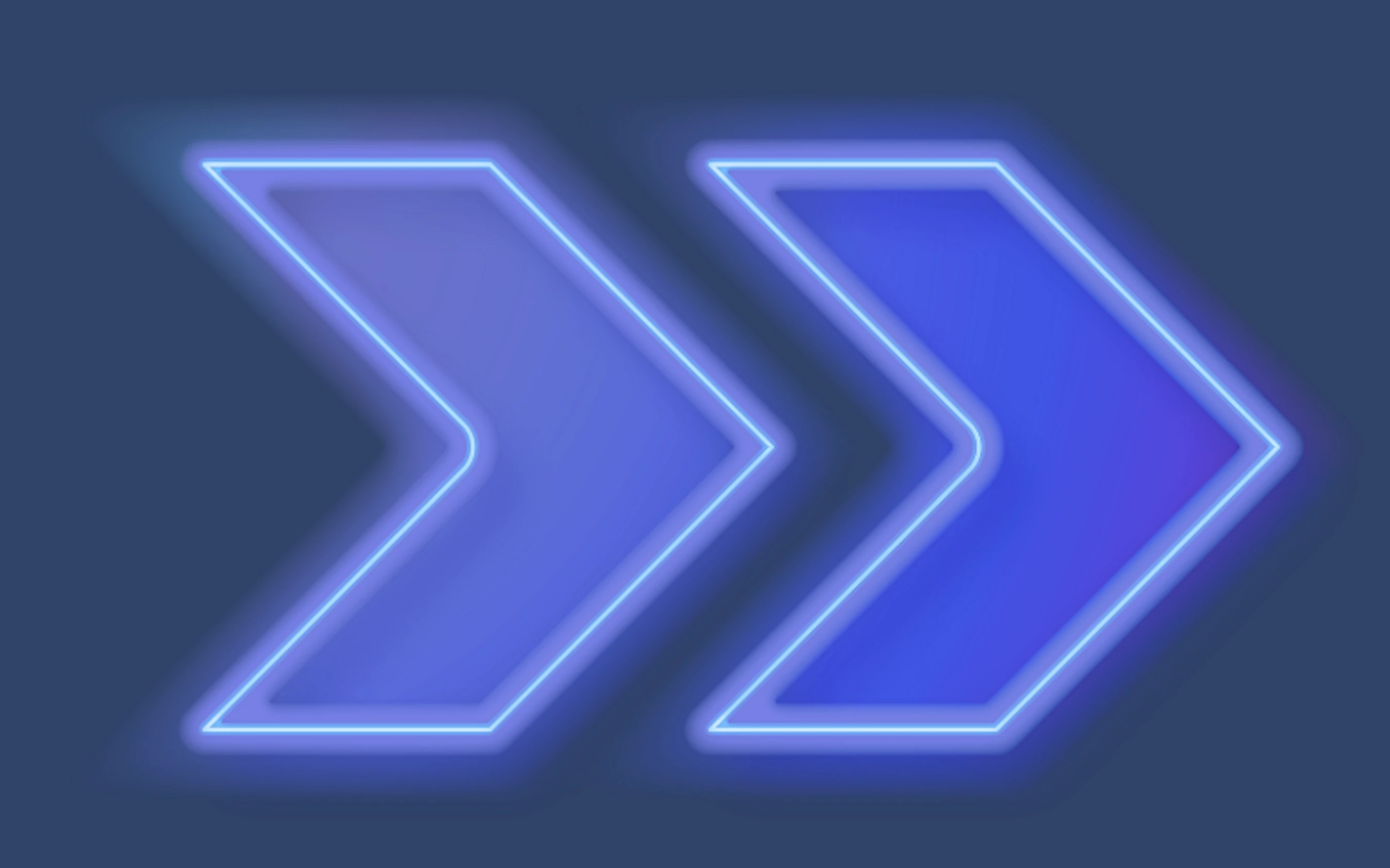 A digital illustration of two large chevron arrows pointing right, outlined with a bright blue neon light against a dark blue background.