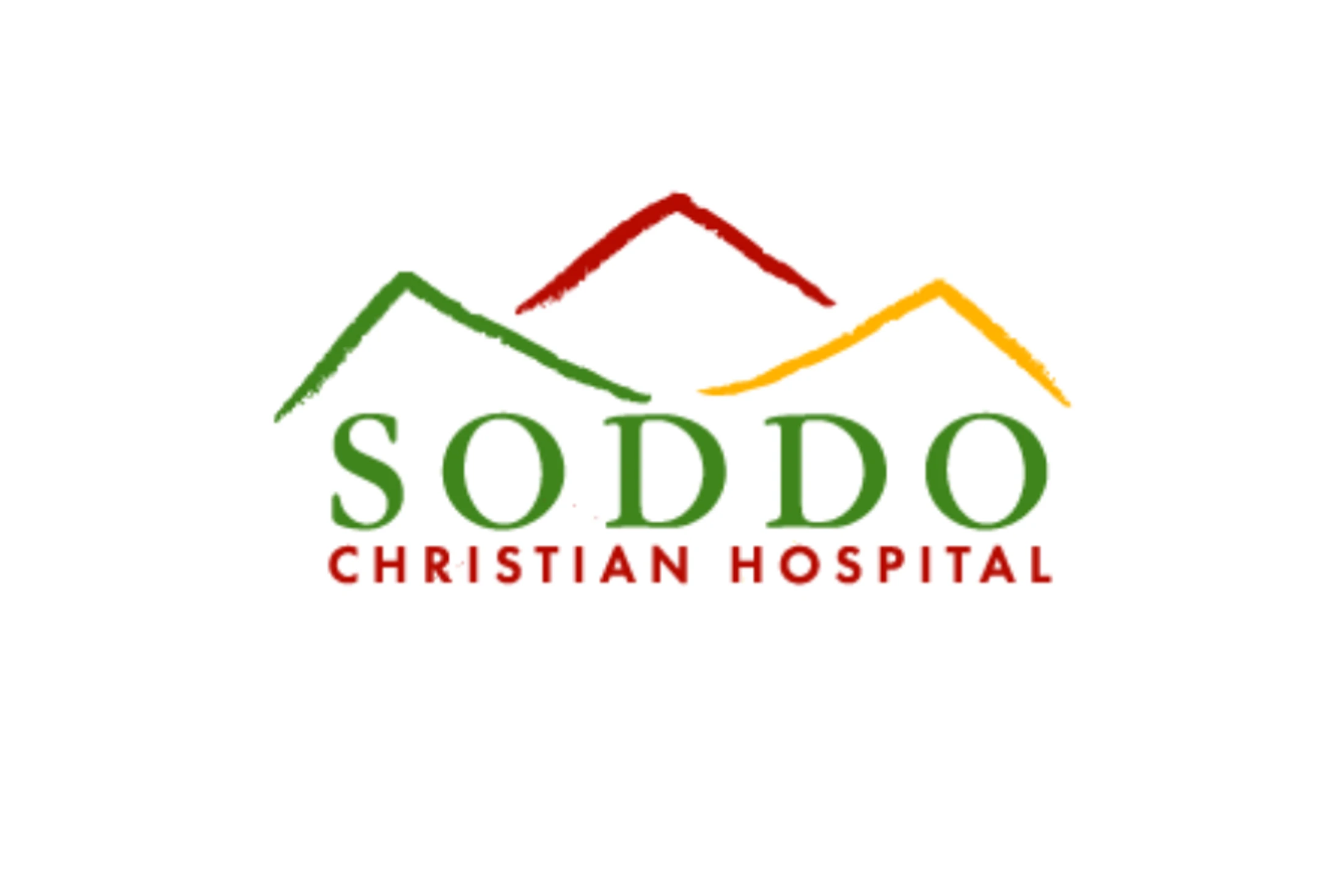 The logo for Soddo Christian Hospital on a white background. It features three stylized mountain peaks in green, red, and yellow above the name.