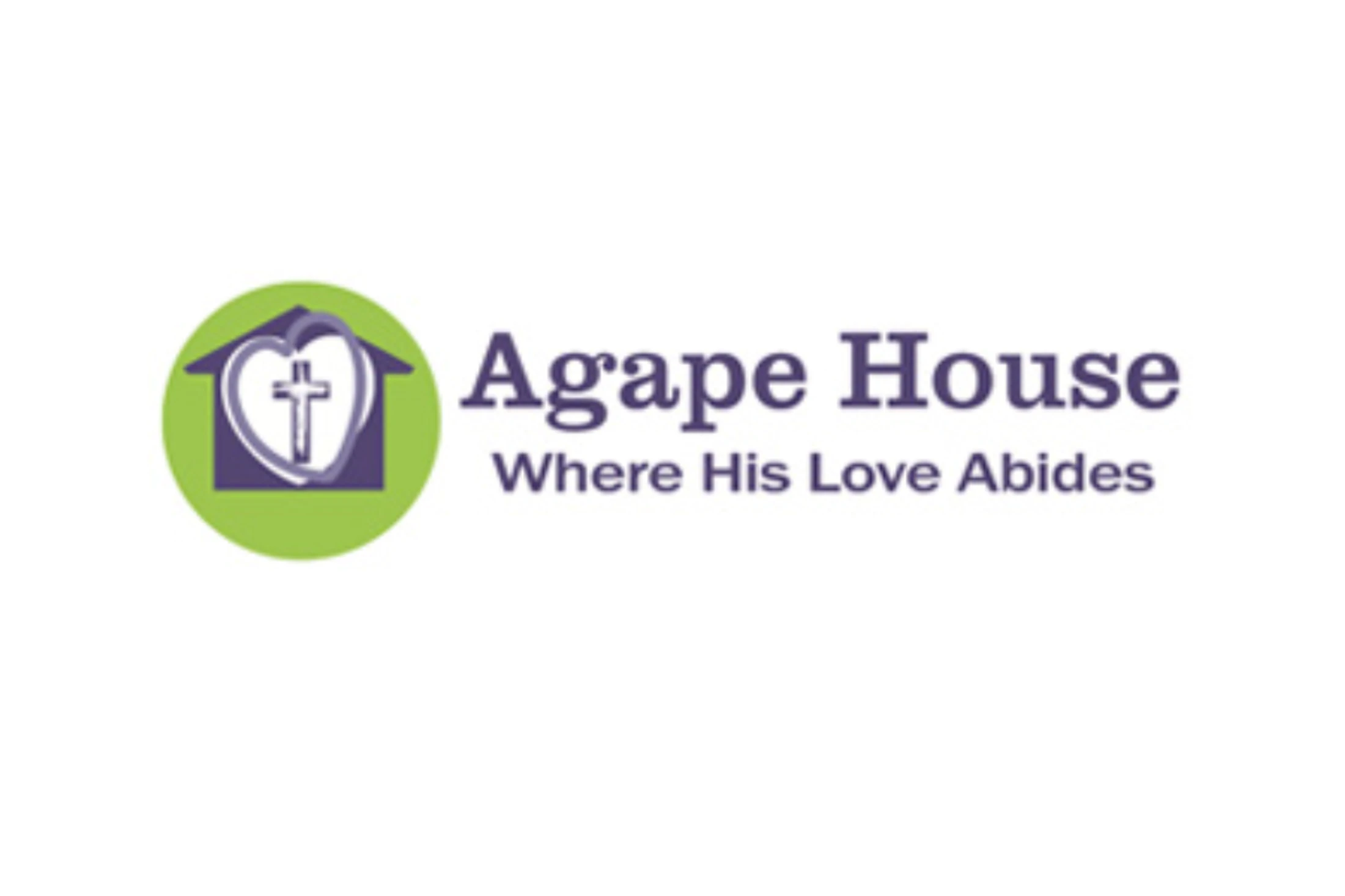The logo for Agape House. It features a house icon with a heart and cross inside. The text reads 'Agape House' and 'Where His Love Abides'.