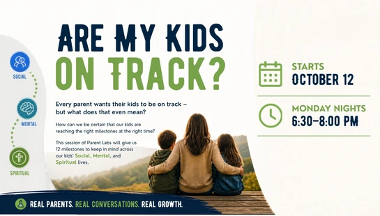 A promotional graphic for a parenting event. Text asks "Are My Kids On Track?" with a photo of a mother and two children looking at a view.