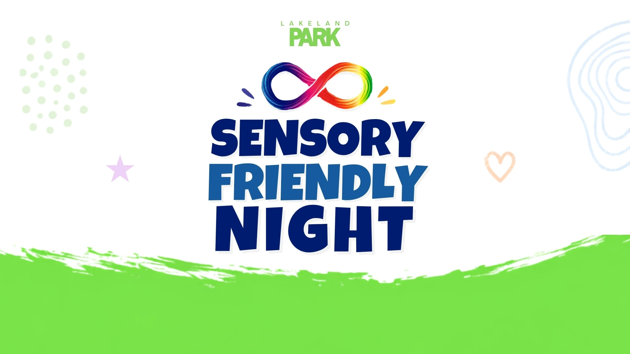 A graphic announcing a "Sensory Friendly Night" at Lakeland Park, featuring a rainbow-colored infinity symbol above bold blue text on a white background.