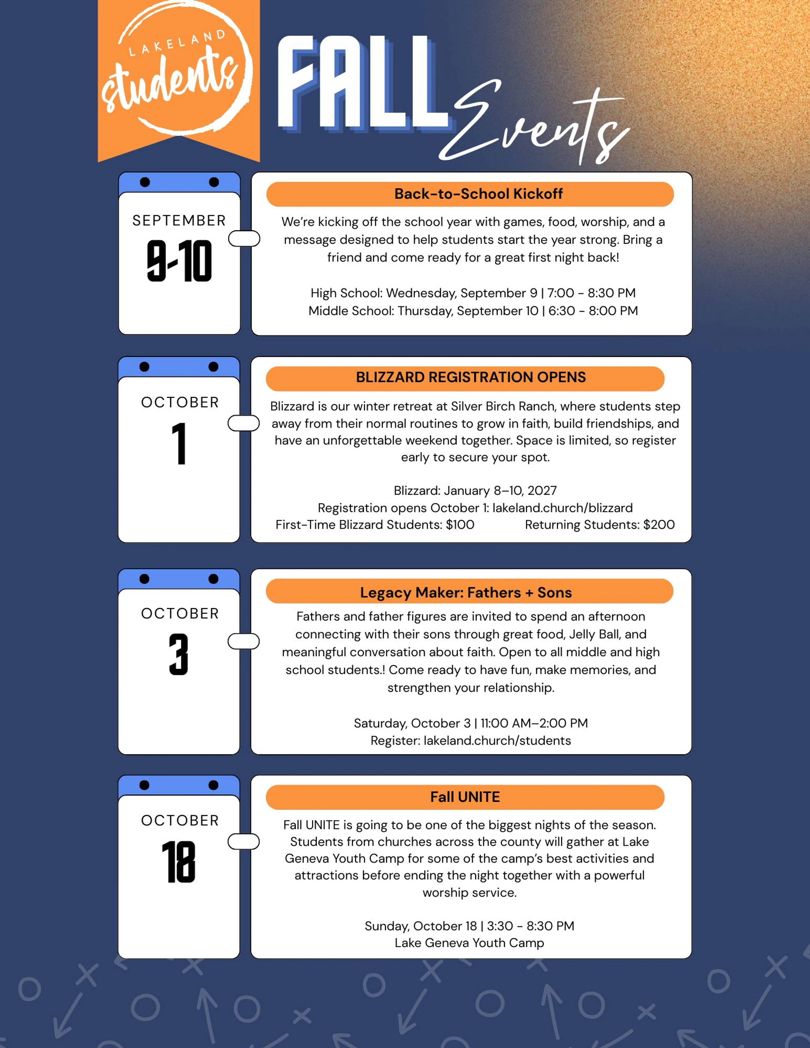 A flyer for Lakeland Students Fall Events, listing a schedule with dates and descriptions for four upcoming events in September and October.