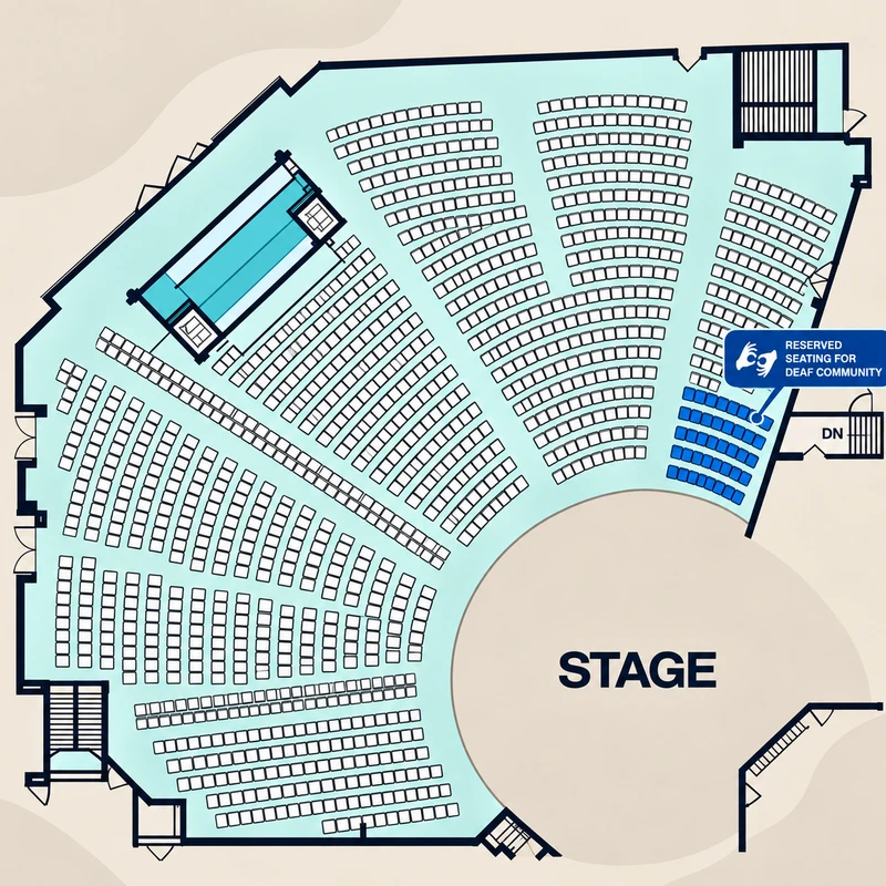 A diagram of an auditorium seating chart showing a large stage and rows of seats. A section is highlighted for reserved seating for the Deaf community.